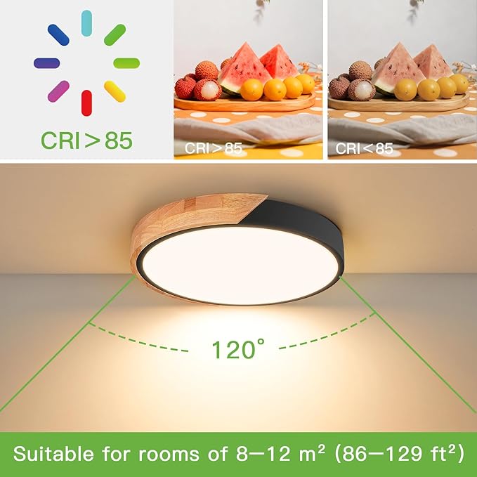 11.8 Inch Modern Wood LED Ceiling Light Black Flush Mount Fixture 3000K