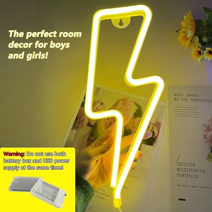 Lightning Bolt Neon Sign Yellow LED Wall Light USB/Battery Powered Kids Room Decor