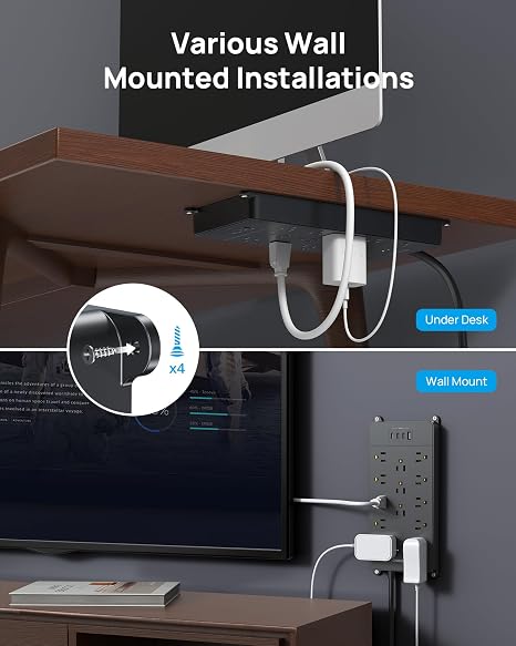 Surge Protector Power Strip 13 Outlets 4 USB Ports 2 USB C 4000J 5FT Flat Plug Wall Mount Black