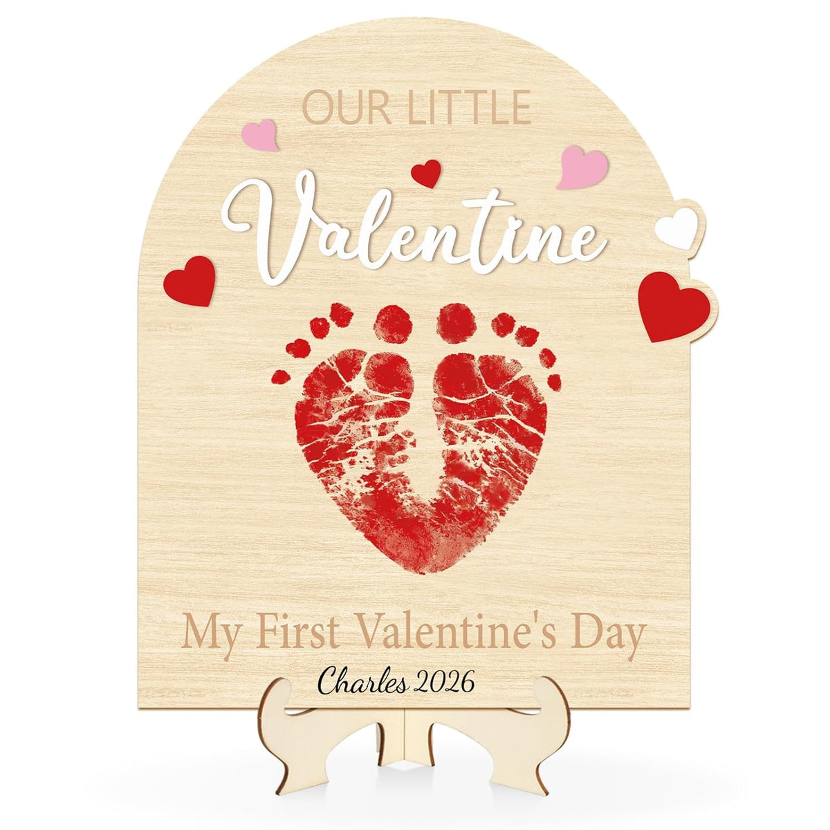 Baby'S First Valentine'S Day Diy Footprint Art Card, Our Little Valentine Wood Sign Milestone Keepsake Ornaments For Baby Shower Newborn Photoshoot Prop (Word)