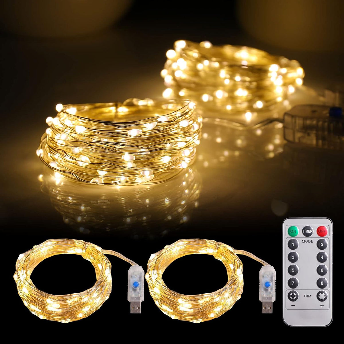 2 Pack Fairy Lights 100 Led 33 Ft Christmas Lights Usb Powered Silver Wire String Lights, Mini Lights With Remote Contro