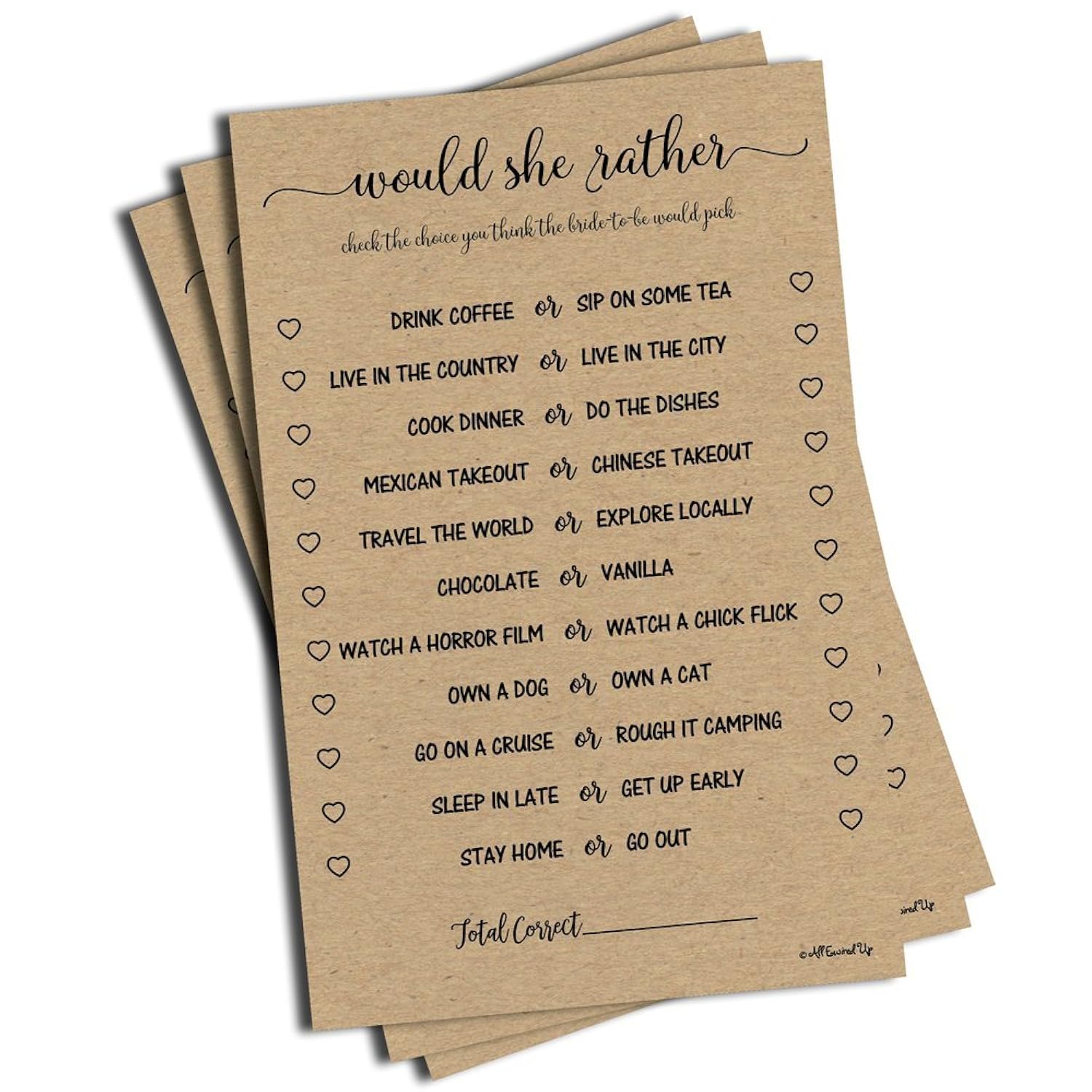 Would She Rather Game - Kraft (50-Sheets) Rustic Bridal Wedding Shower Or Bachelorette Party Game, Printed Engagement Rehearsal (Large Size Sheets)