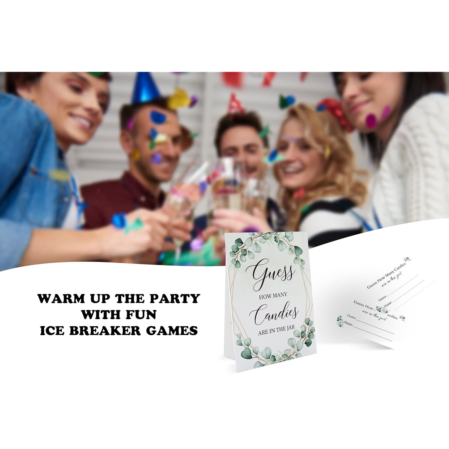 Candy Guessing Game Cards-1 Sign 8X11" And 50 Cards, Gold Greenery How Many Game Sign, For Boys Girls Birthday Party, Baby Shower, Party Games Activities And Decorations 15