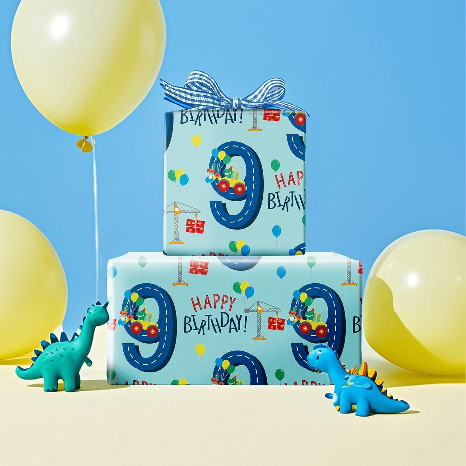 Birthday Wrapping Paper For Boy - Mini Roll - Dinosaur Truck Happy Birthday Design For Boys' Birthday Party And More - 17 Inches X 16.4 Feet - 9 Year Old