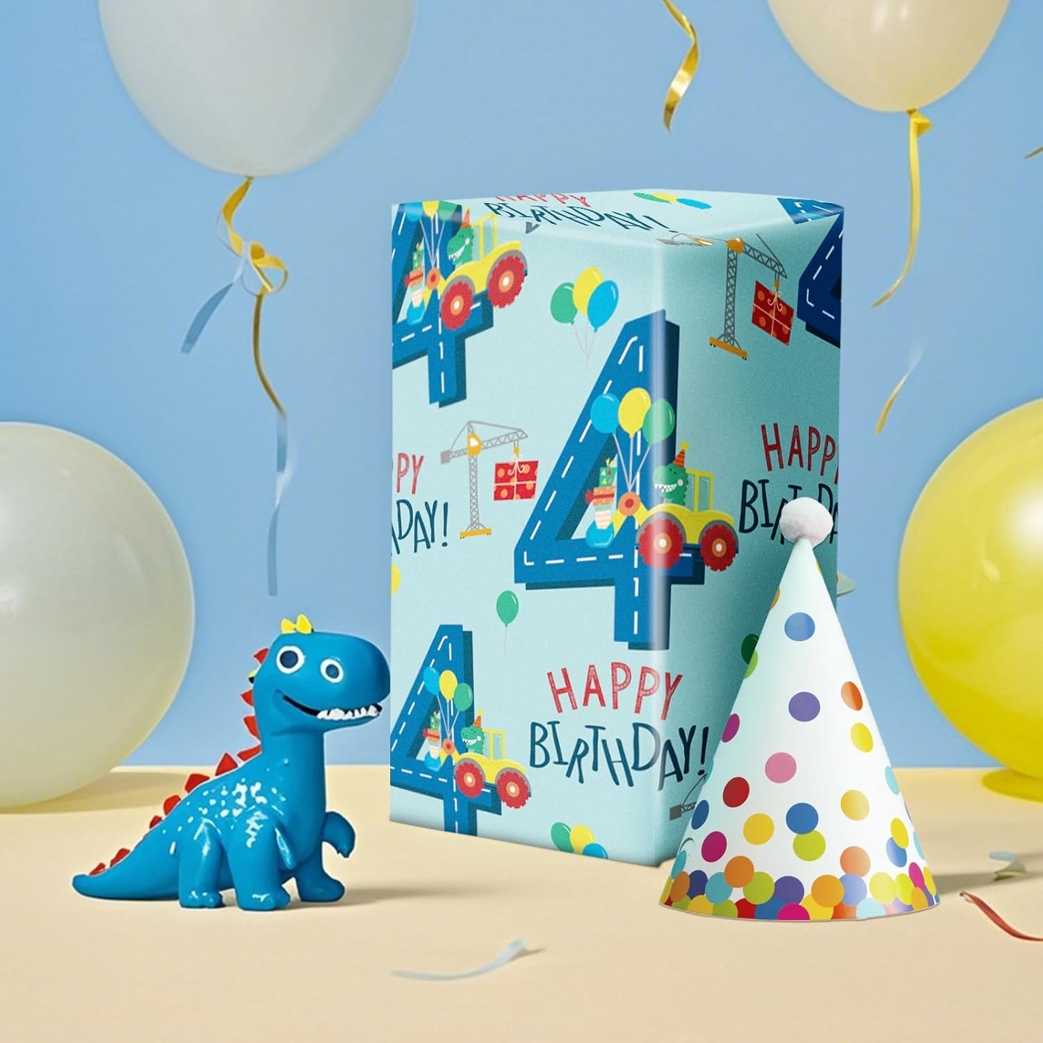Birthday Wrapping Paper For Boys - Dinosaur Truck Design - 17 Inches X 16.4 Feet