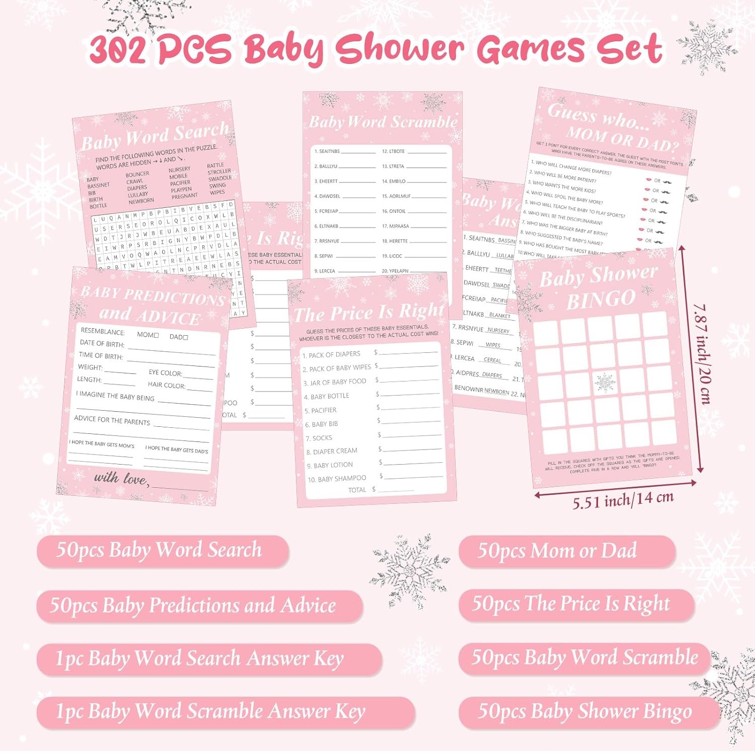 302 Pcs Winter Snowflake Baby Shower Games, 6 Games, 50 Sheets Each, Baby Shower, Word Scramble, Word Search, Predictions And Advice(Pink)