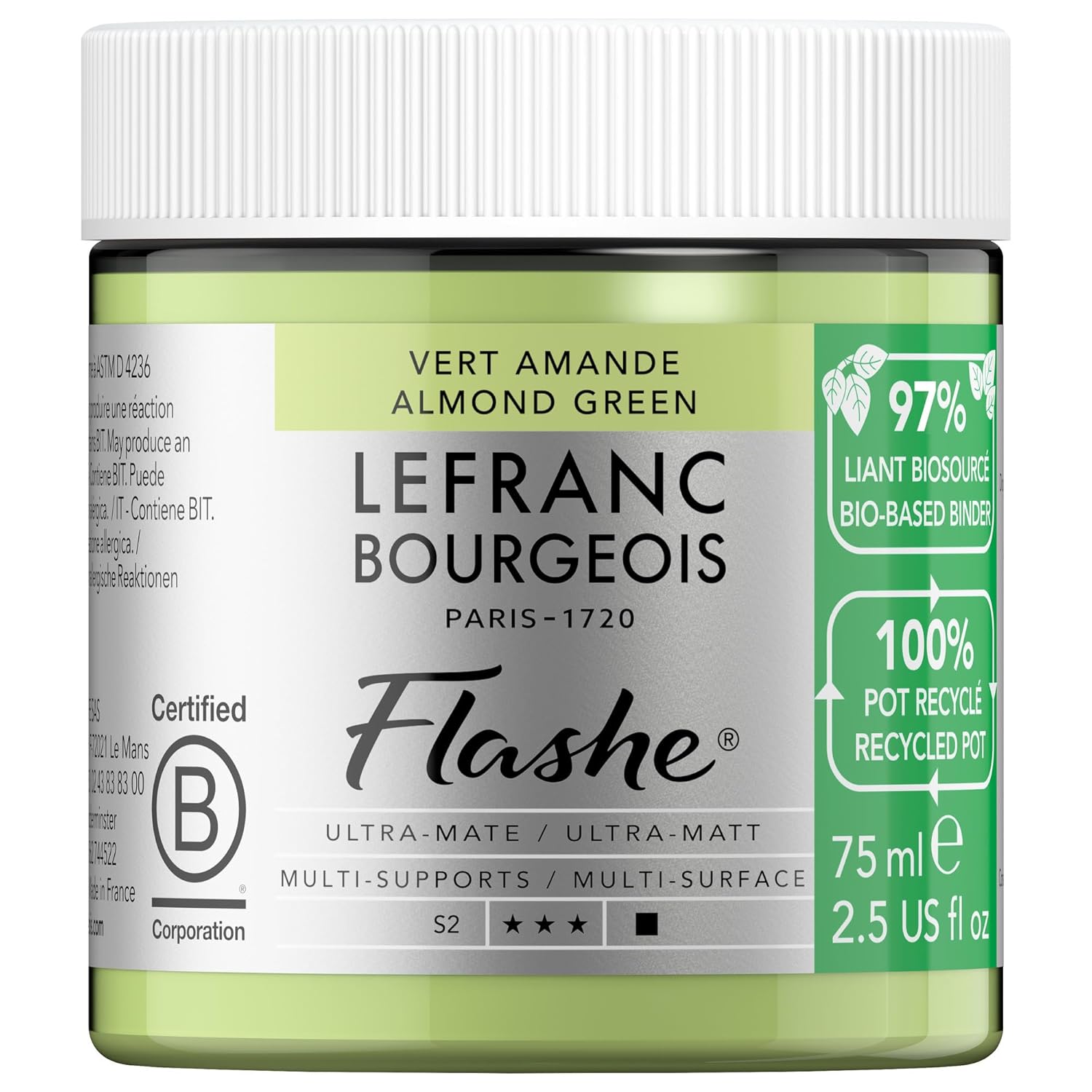 Flashe Bio-Based Acrylic And Vinyl Paint, 75Ml Recyclable Pot, Almond Green