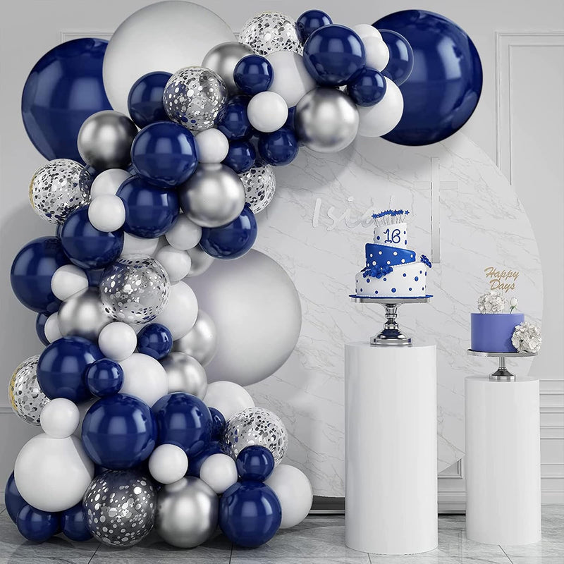 Navy Blue Silver Balloons Garland Kit, 131 Pcs Navy Blue White Silver