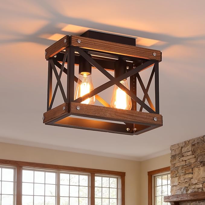2 Light Rustic Farmhouse Wood Ceiling Light Oak Wood & Black Metal Flush Mount Fixture