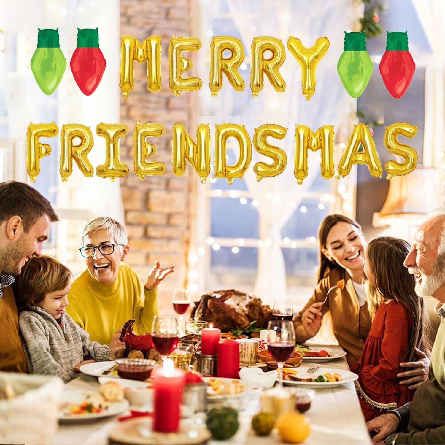 Merry Friendsmas Glittering Christmas Banner With Lightbulb Balloons, Friends-Themed Christmas Winter Holiday Party Garland Bunting Decorations.