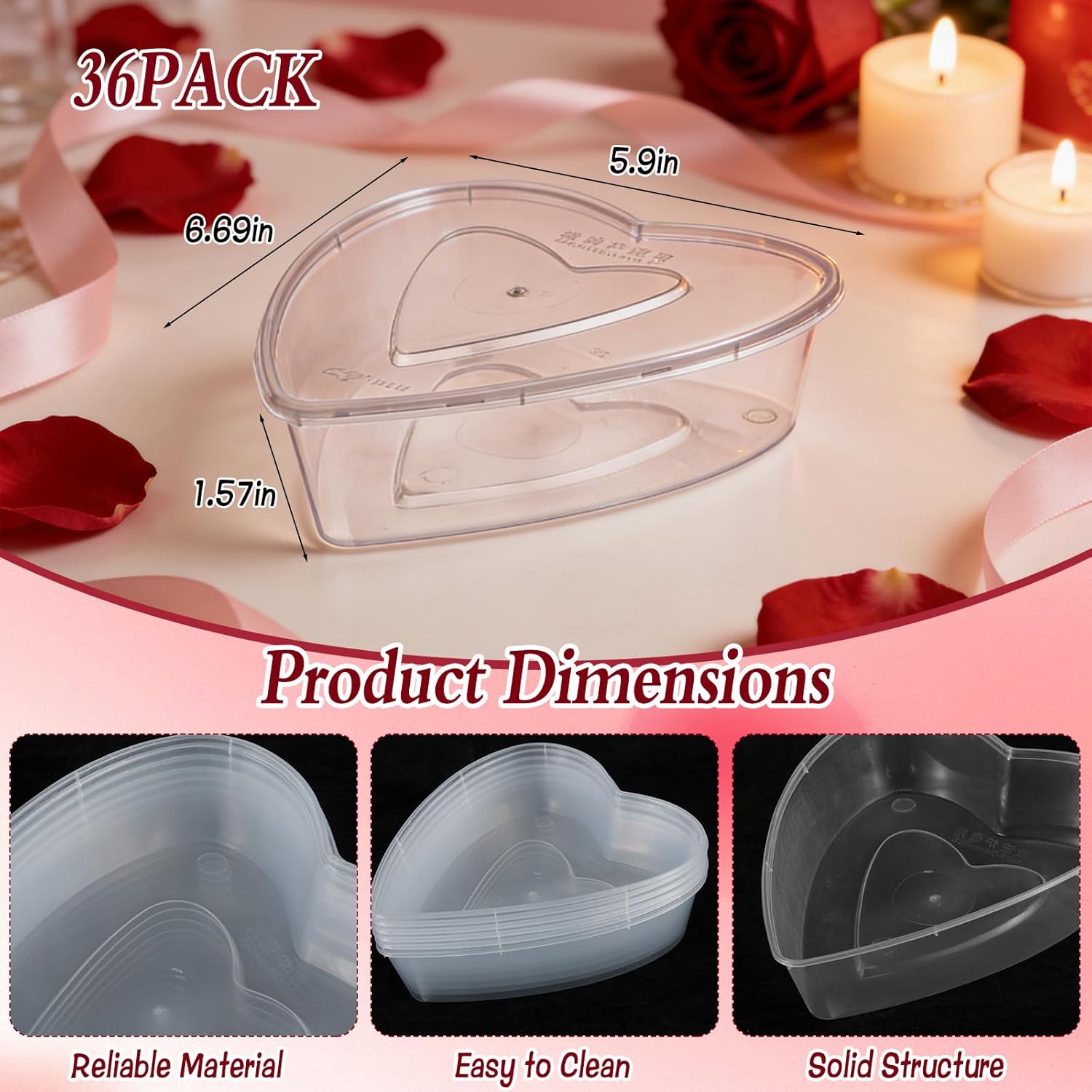 36 Pcs 17 Oz Valentine'S Day Heart Shaped Container Plastic Seasoning Containers Box Food Storage Containers With Clear Lids Reusable Dessert Box For Valentine Kitchen Restaurant Fruit Vegetable