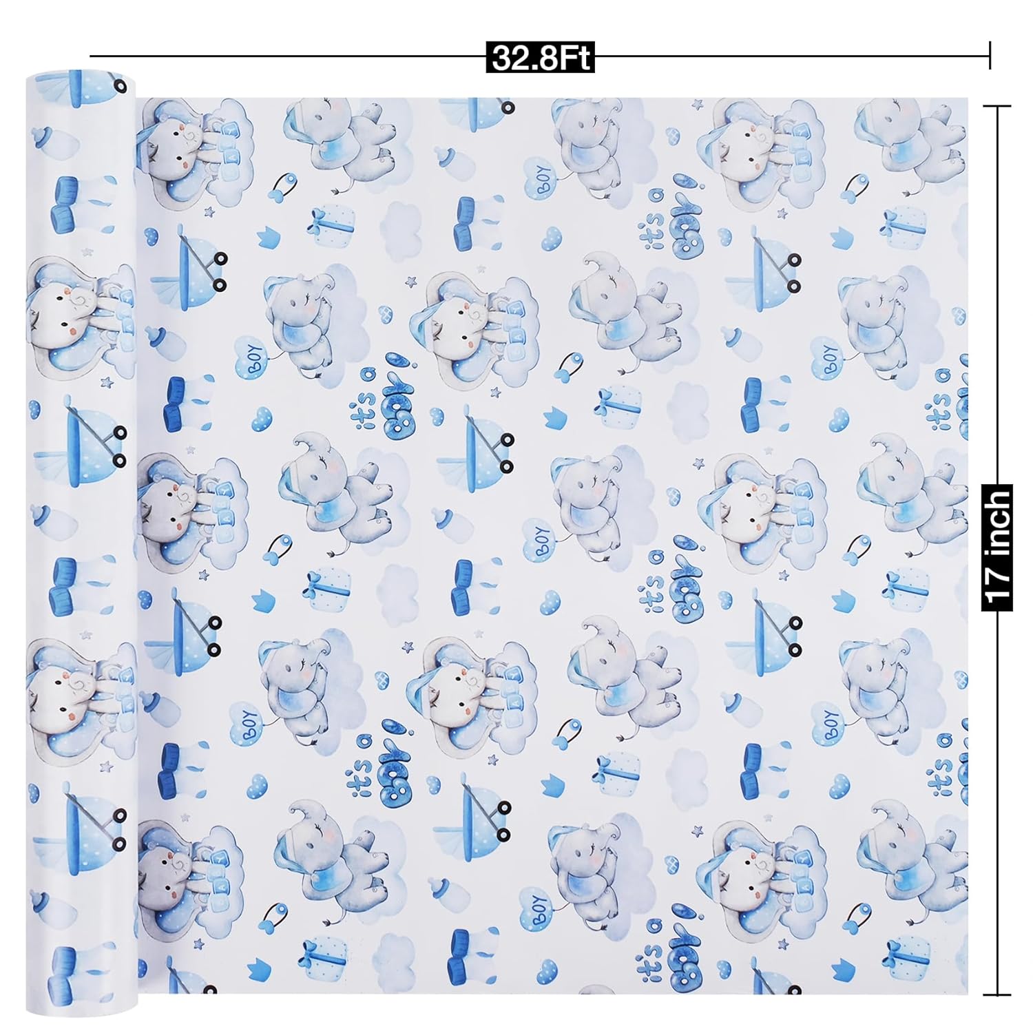 Blue Baby Shower Wrapping Paper Roll - 17 Inch X 32.8 Feet - Cute Elephant With It‘S A Boy Letter Design Perfect For Boys, Birthday, Party