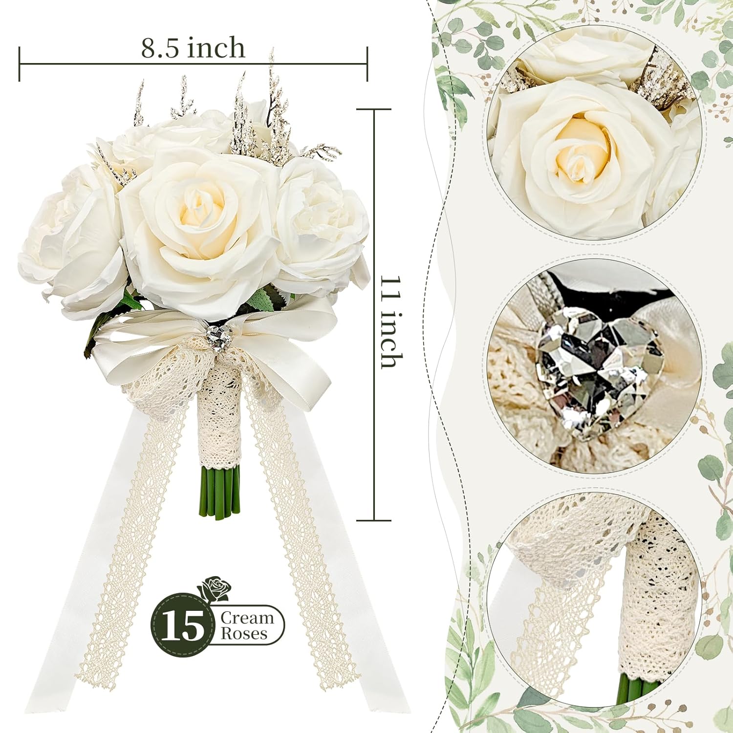 8.5 Inches Wedding Bouquet Cream Artificial Flower Bouquet 15 Faux Roses For Bride Wedding Marriage Proposal Party Church Decoration