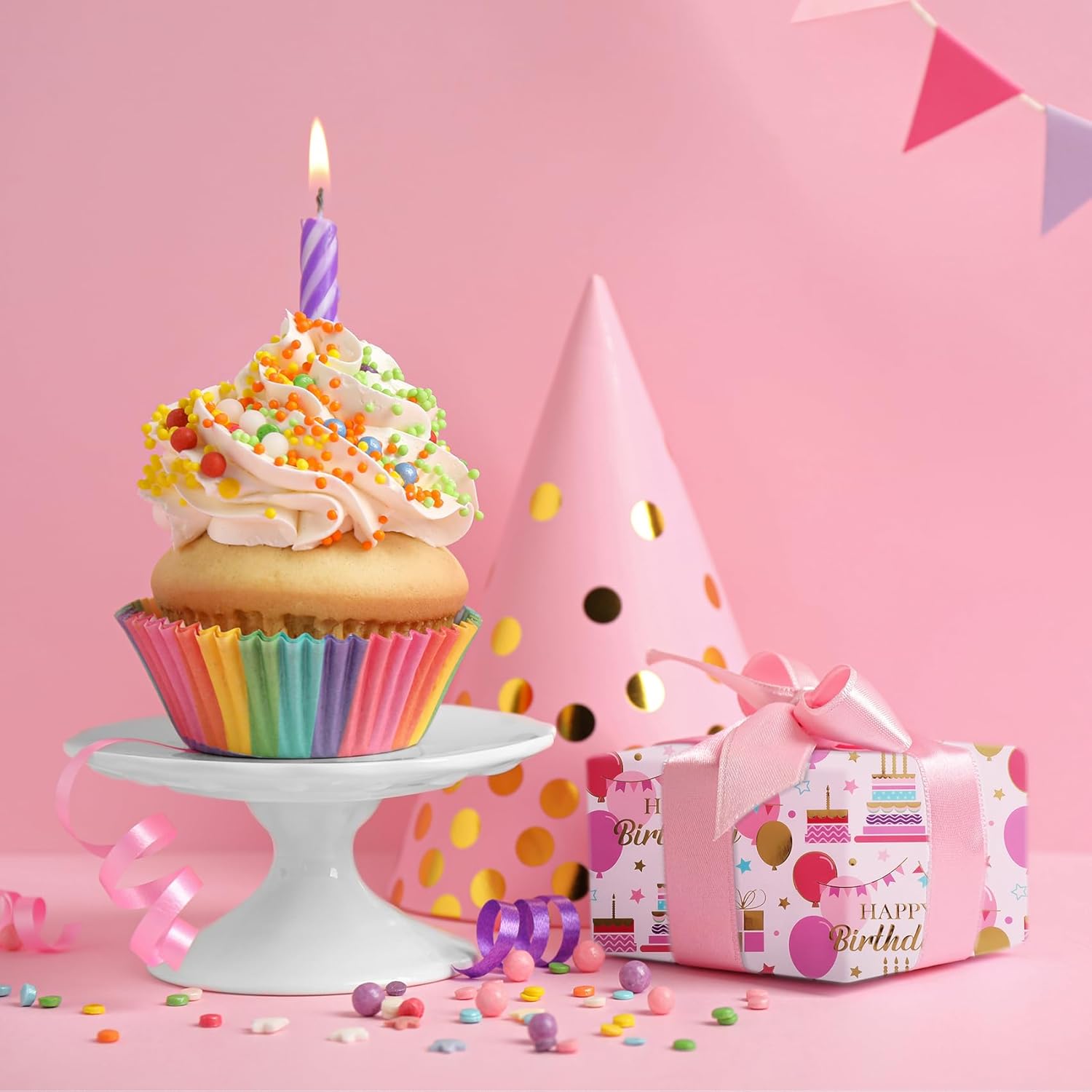 Pink Birthday Wrapping Paper Roll - 17 Inch X 32.8 Feet - Gold Foil Celebration Cake, Balloon, Happy Birthday Lettering Design Gift Wrap For Kids, Baby Showers