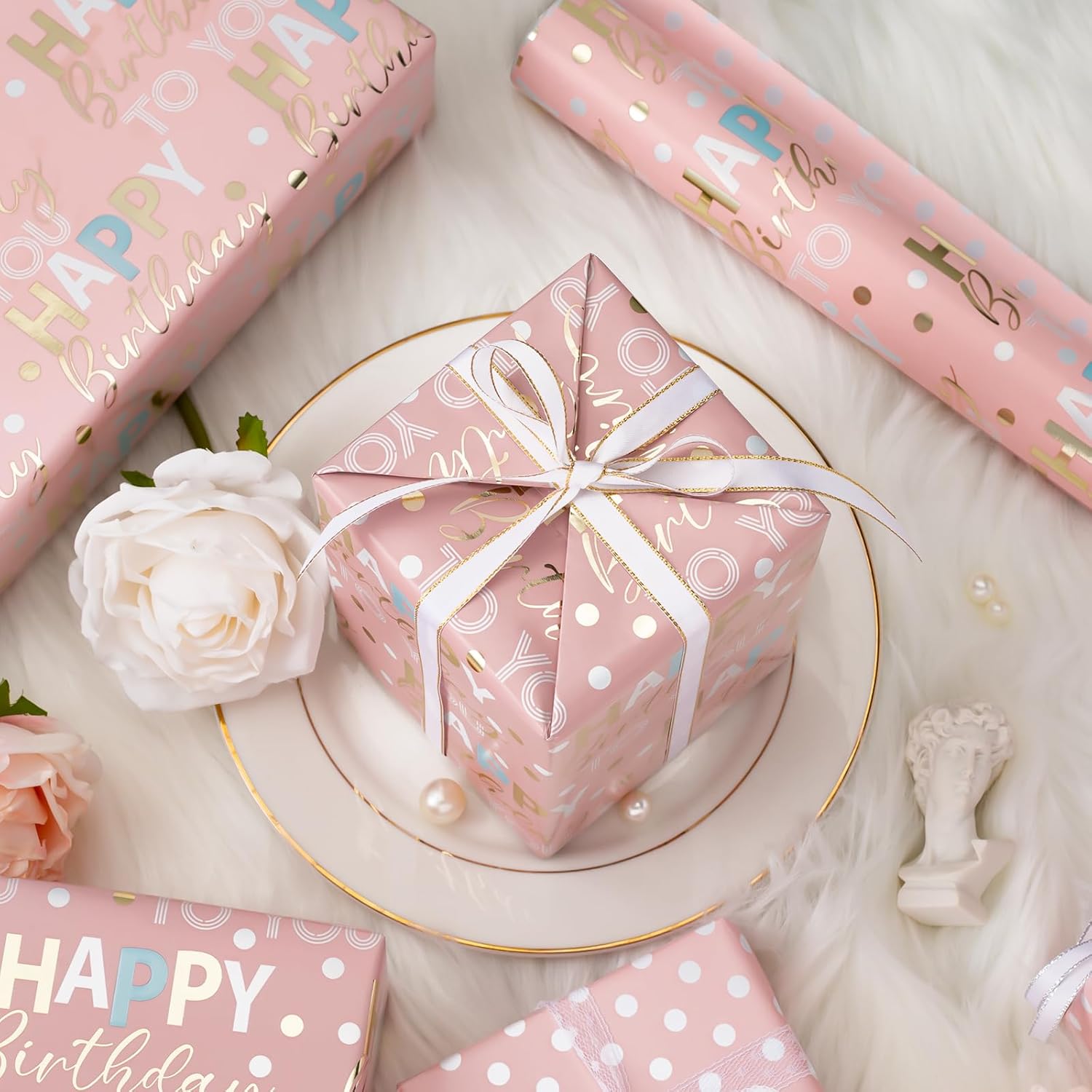 Reversible Pink Birthday Wrapping Paper Roll - 17 Inch X 33 Feet - Glitter Happy Birthday Lettering Metallic Foil Paper Girl Gift Wrap W/Polka Dot For Holiday Party Baby Shower Mother'S Day