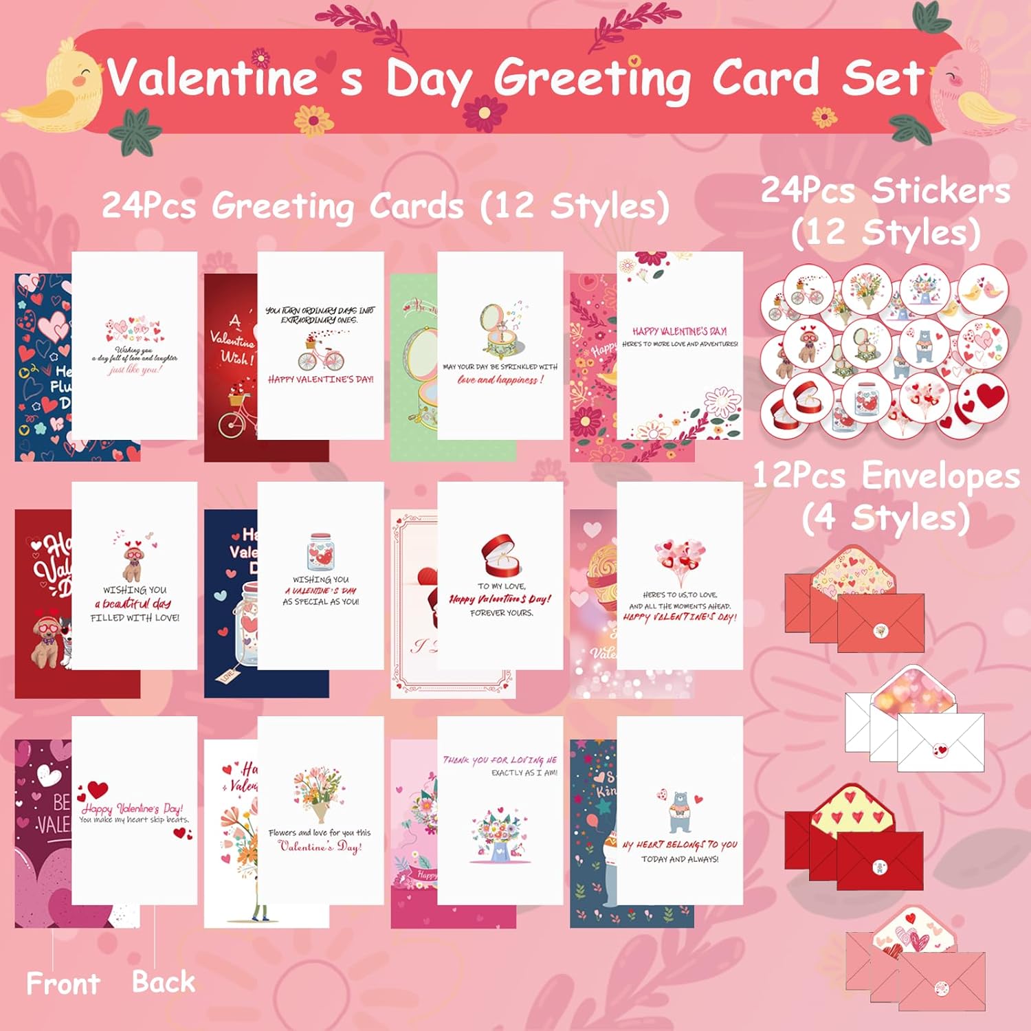 24 Pack Valentine'S Day Cards With 12 Envelopes, 24 Sticker Seals - 12 Designs, 4X6 Inch Unfolded Cards, Printed Message Inside, Premium Cardstock, Perfect For Valentine’S Day Wedding Mother Day, Gift Packaging Included