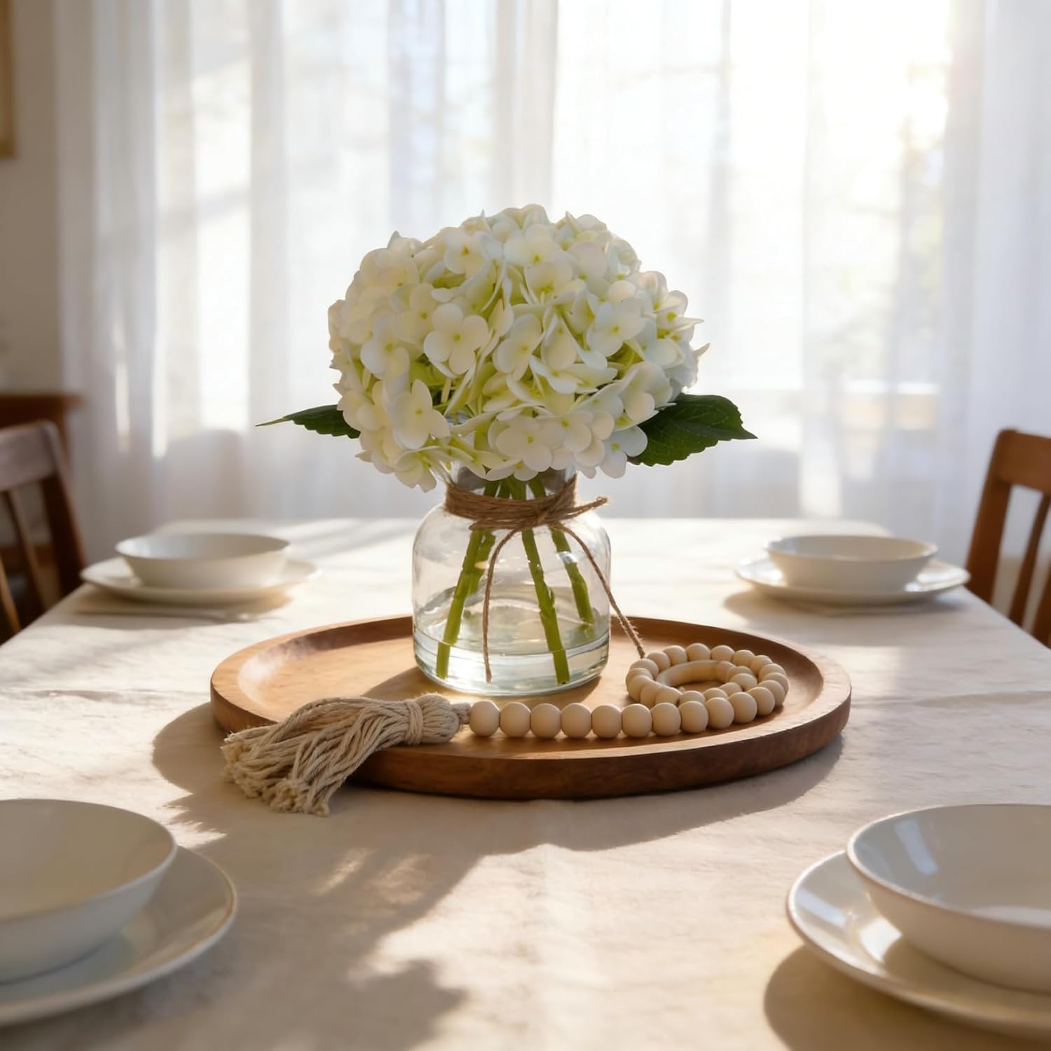 Real Touch Hydrangea Artificial Flowers In Vase With Wood Bead String, Lifelike Faux Hydrangea Flowers For Home Decoration, Fake Flowers Centerpiece For Table, Bathroom, Office & Water Bar