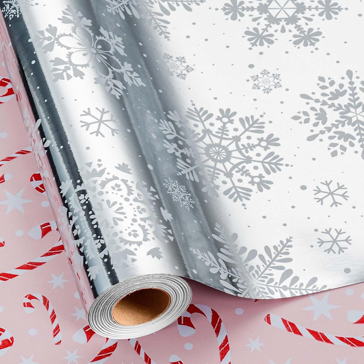 Snowflake Christmas Wrapping Paper - 17 Inch X 32.8 Feet Mini Roll - Candy Cane Metallic Shiny Silver Gift Wrap Paper For Holiday Shower Party Celebration