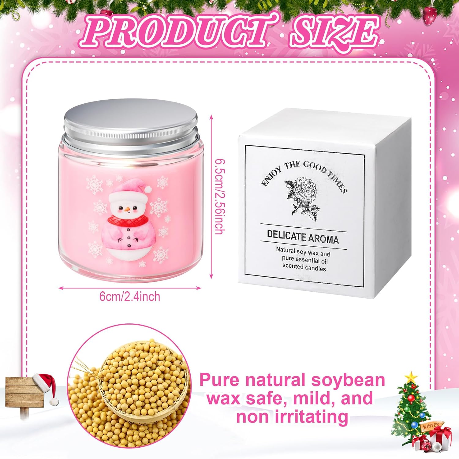 12 Pack Pink Christmas Scented Candles For Home Christmas Gifts For Women 3.5Oz Natural Soy Wax Jar Candles Include 6 Different Scents For Xmas, New Year, And Winter Decor