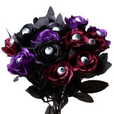 Halloween Flowers With Eyes Decorations, 12Pcs Black Red Purple Roses With Eyeballs, Artificial Flowers With Stem Bouquets Arrangements For Pot Garland Party Decor