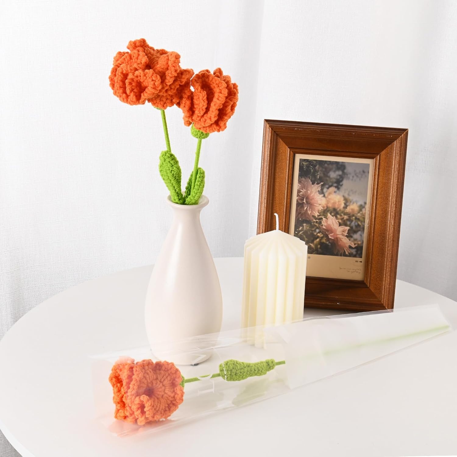 6-Pack Crochet Flowers, Knitted Artificial Wool Carnation For Mother'S Day/Wedding/Birthday/Diy Decor, Handmade Knitted Flowers [Orange]