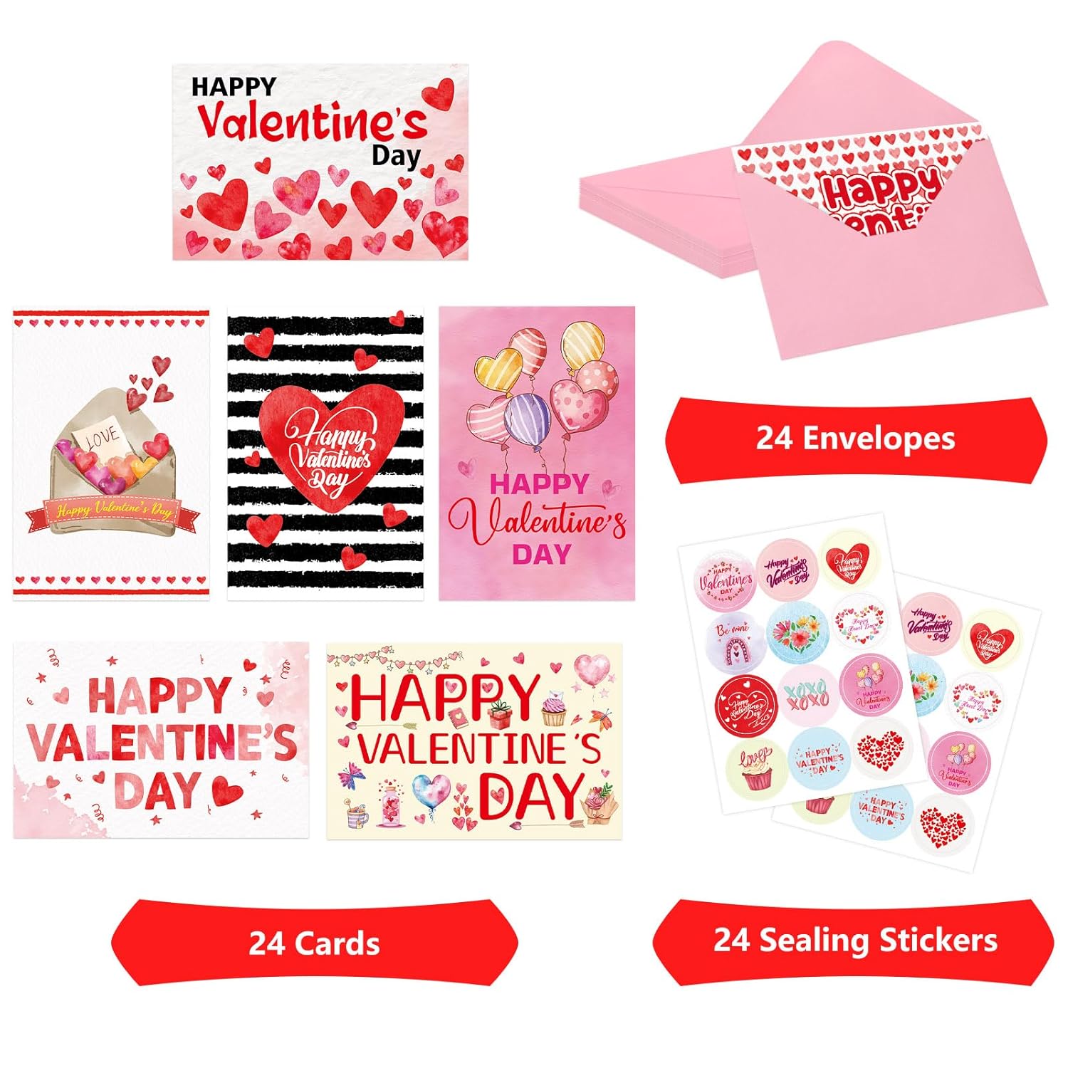 24 Pack Valentines Day Cards Assortment Bulk Hearts Greeting Cards With Envelopes And Stickers For Valentines Day Party Favors Supplies