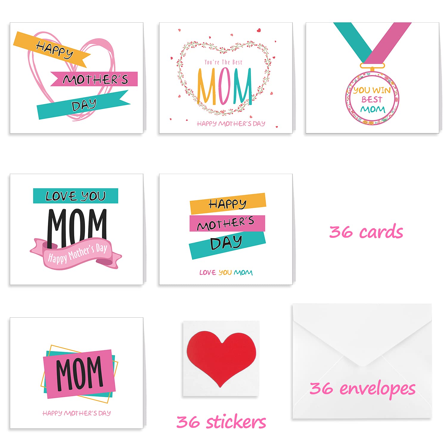 36 Pcs Mother'S Day Greeting Cards With Envelopes,6 Assorted Unique Designs For Mother'S Day