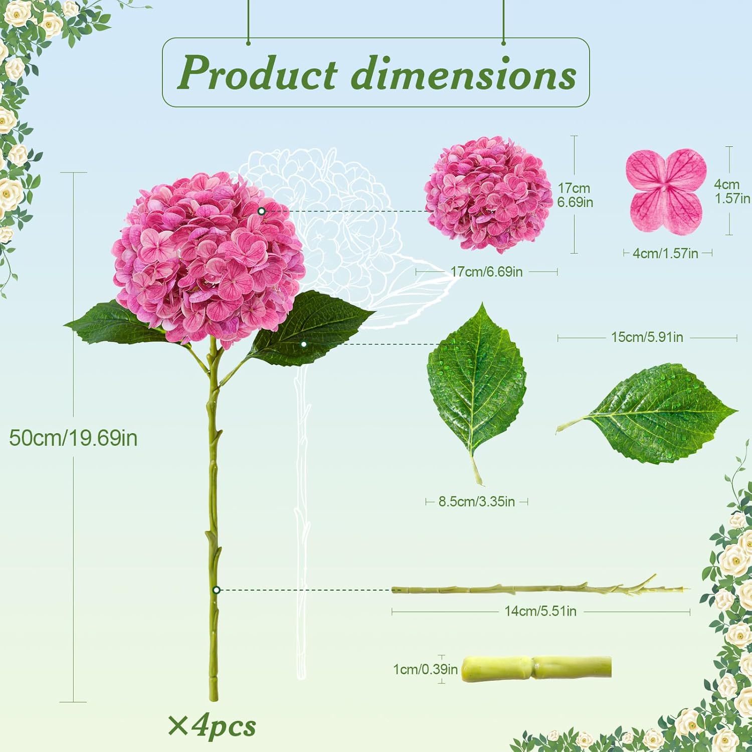 4Pcs Realistic Rose Pink Hydrangea Artificial Flowers With Stems 19.68 Inch Latex Faux Hydrangeas Flower Real Touch Large Hydrangea For Weddings Bouquets Table Centerpieces Home Decor Party
