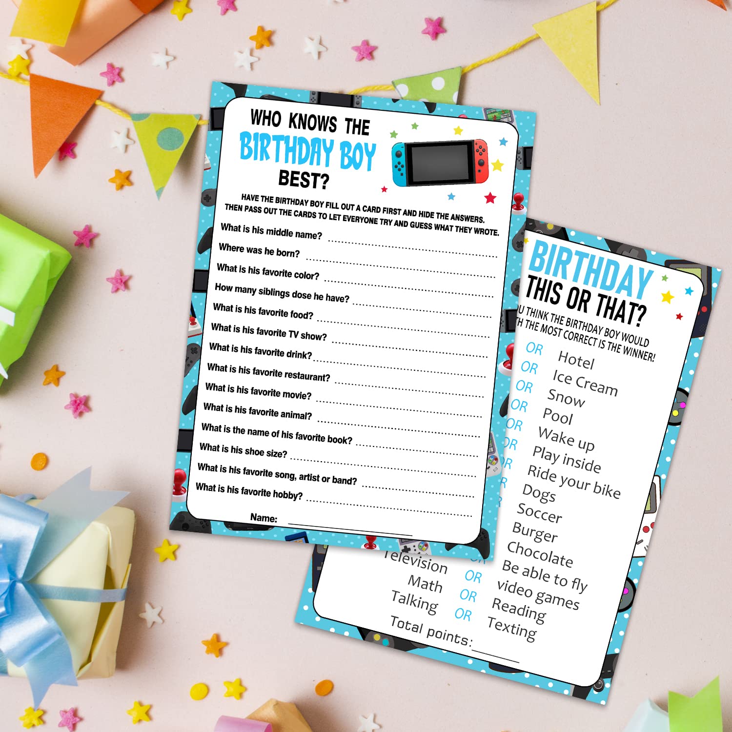 20 Birthday Game Cards - 2 Games, This Or That And Who Knows The Birthday Boy Best Party Activity
