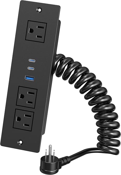 Recessed Power Strip Outlet Kit 65W USB C Fast Charging 3 AC Ports Black