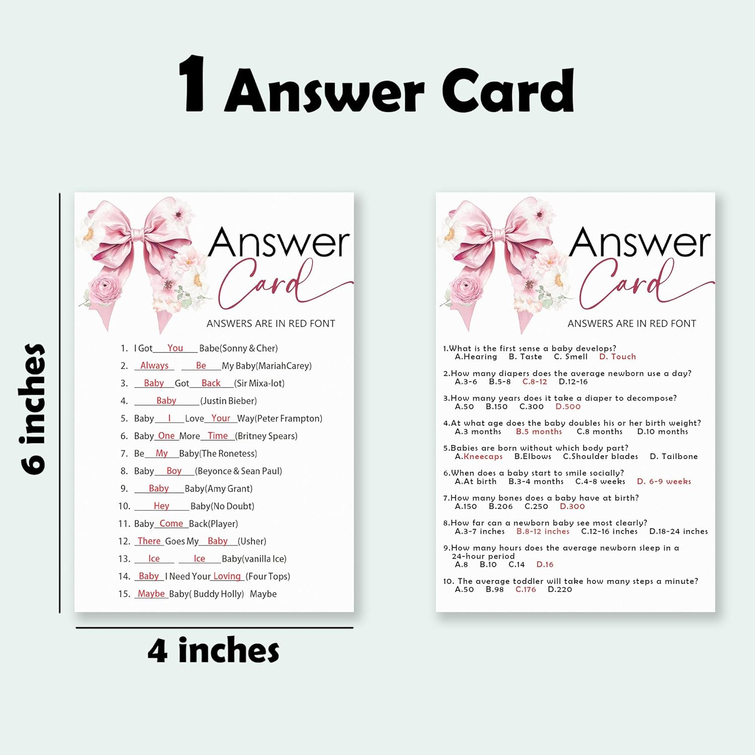 Name That Baby Song & Trivia Theme Baby Shower Game Activities-30 Pink Bow & Floral Double-Sided Game Cards(5’’X7 ’’) & 1 Answer Card(4’’X6’’) For Boys & Girls-Gender Natural Decor & Supplies-A02