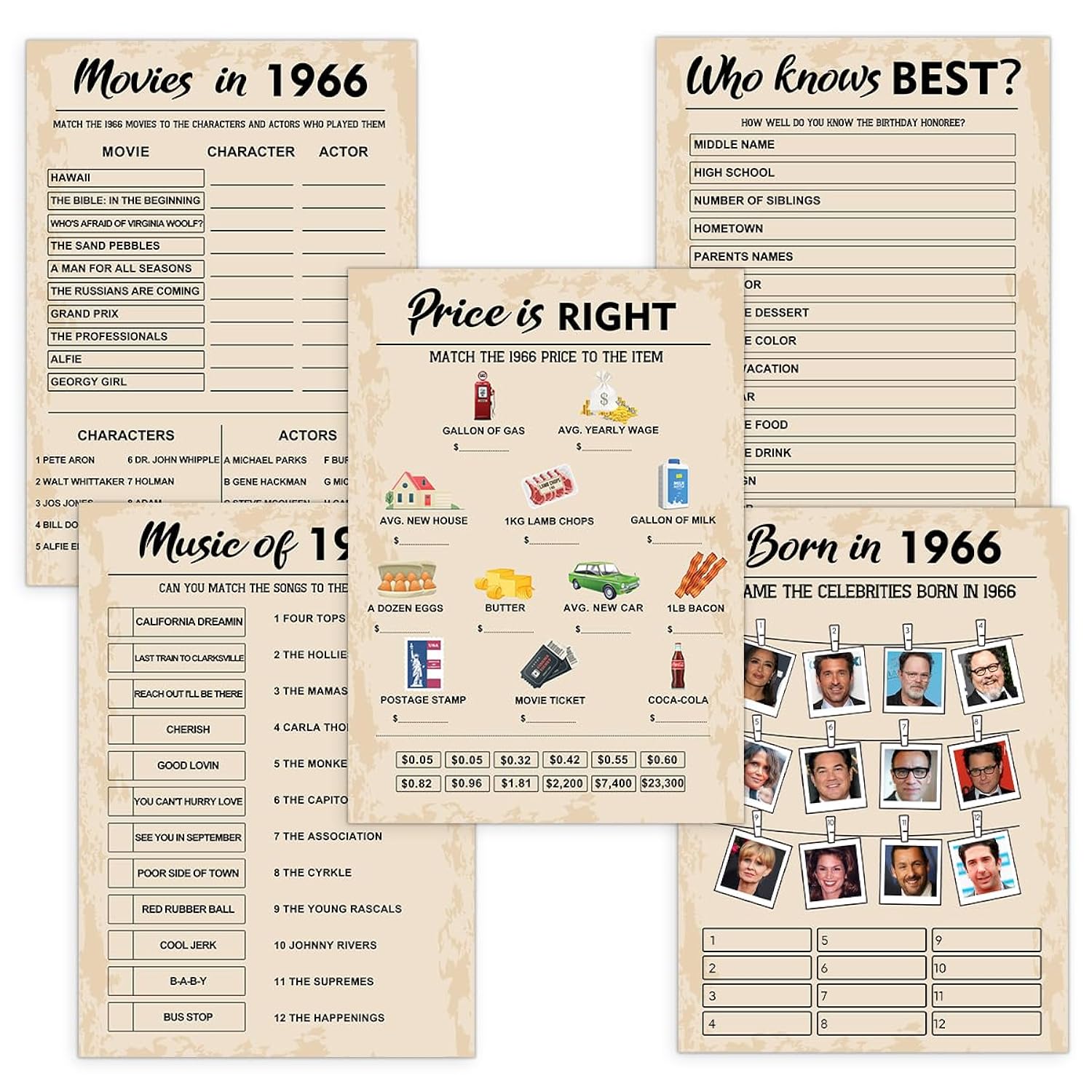 60Th Birthday Party Games, Set Of 5 Activities For 10 Guests, Born In 1966 Games Bundle, Birthday Party Supplies For Adults, Pack Of 50 Cards