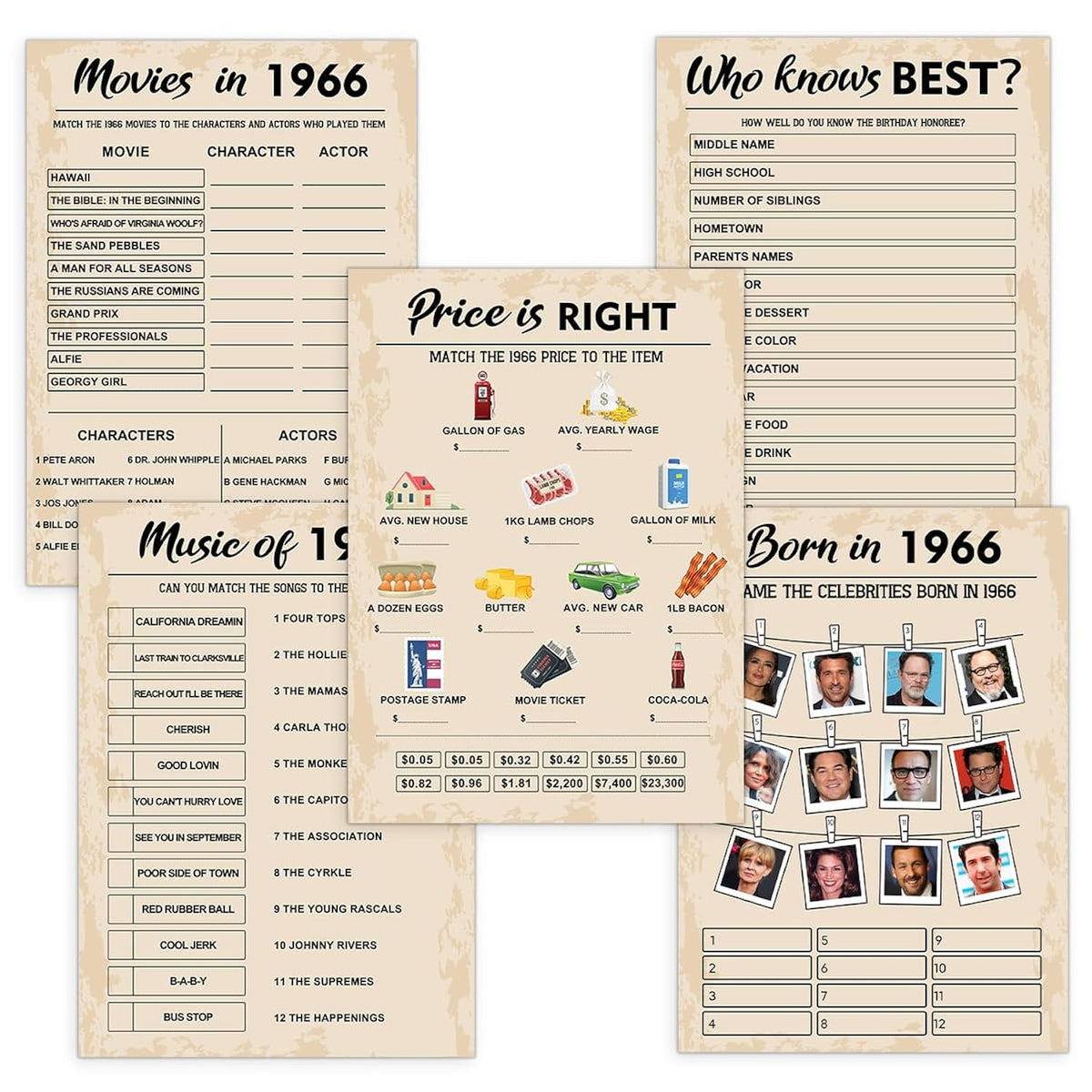 60Th Birthday Party Games, Set Of 5 Activities For 10 Guests, Born In 1966 Games Bundle, Birthday Party Supplies For Adults, Pack Of 50 Cards