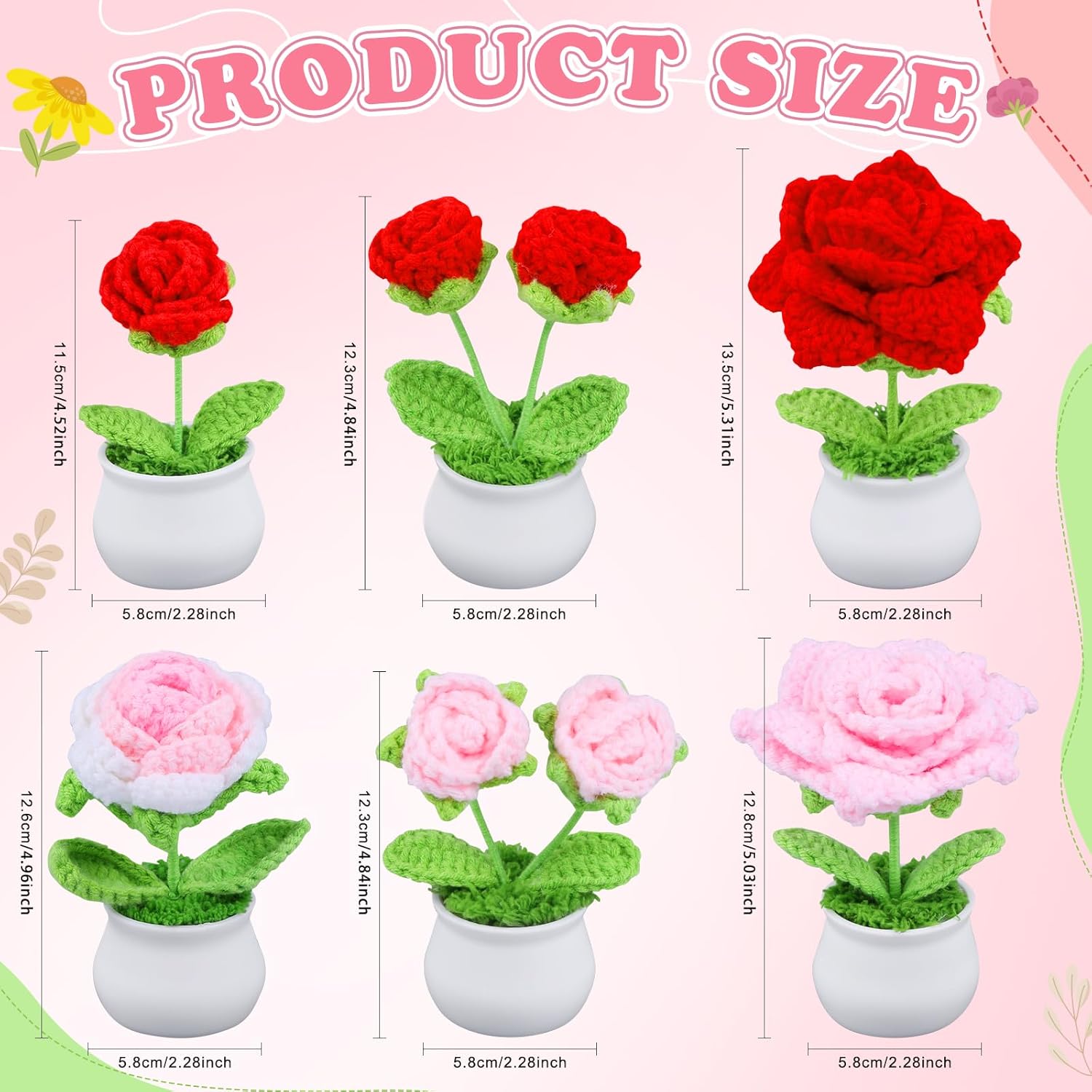 6Pcs Knitting Crochet Flowers Potted Plants, Crochet Flowers Artificial,Small Potted Knitted Home Office Decor Mothers Day Valentines Day Birthday Gifts