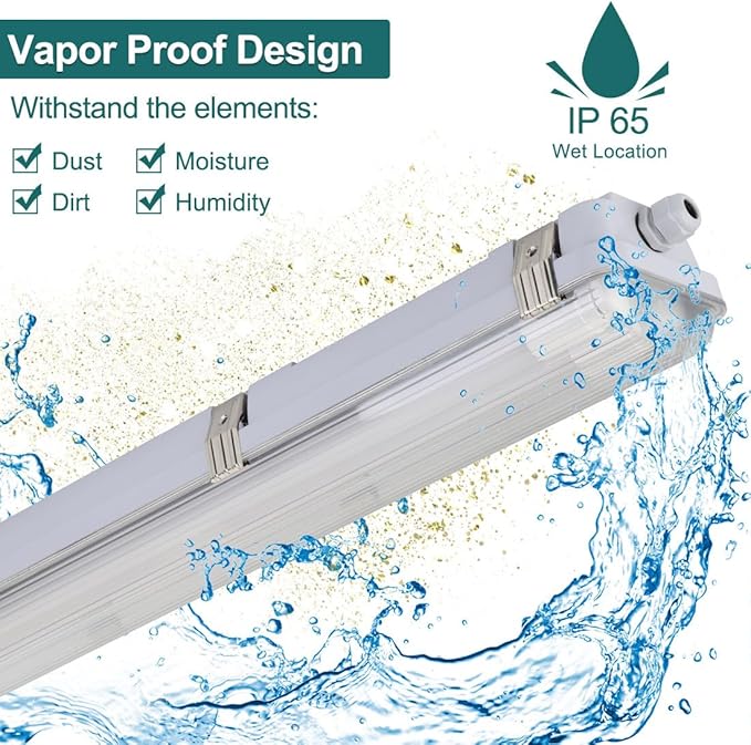 6 Pack 4FT LED Vapor Tight Lights 40W 5600LM 5000K IP65 Surface Mount Fixtures with T8 Tubes