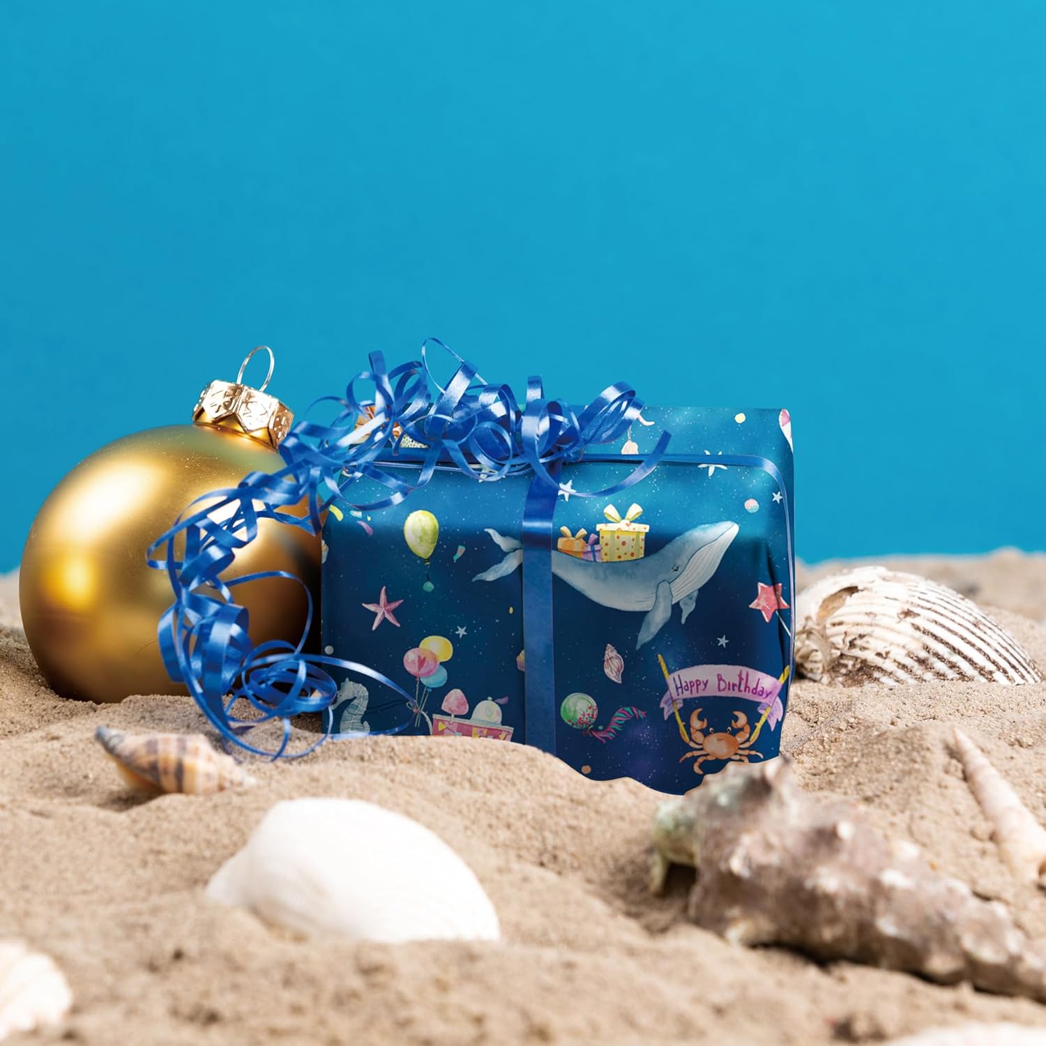 Ocean Birthday Wrapping Paper For Boys Girls Kids - Navy Blue Gift Wrap With Whales, Octopus, Seahorse And Happy Birthday On Galaxy Design For B-Day Baby Shower - 40×28 Inches, 4 Sheets