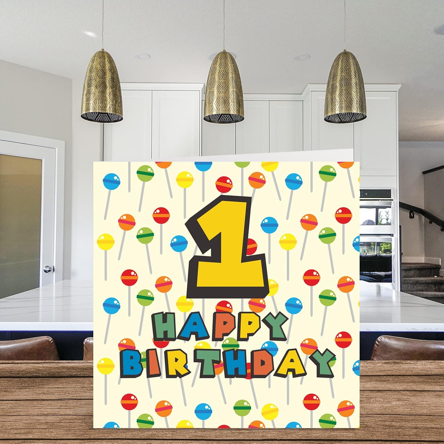1St Birthday Card Unisex - Lollipop Sweets Candy - Happy Birthday Card 1 Year Old Son Daughter Brother Sister Grandson Granddaughter Niece Nephew Cousin, 5.7 X 5.7 Inch First Bday Greeting Card