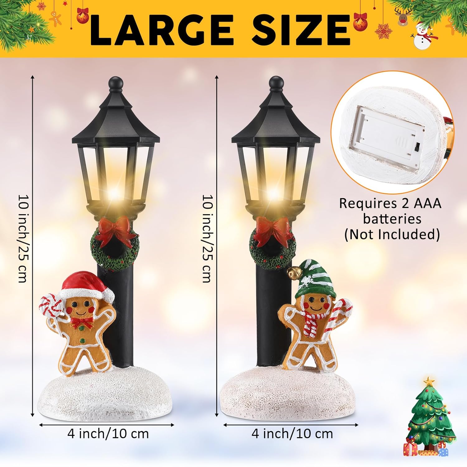 2 Pcs Christmas Lighted Table Decor 10" Resin Figurine Table Centerpiece With Light Up Streetlights Battery Operated Xmas Mini Street Statue Glow For Home Fireplace Shelf(Black Streetlight)
