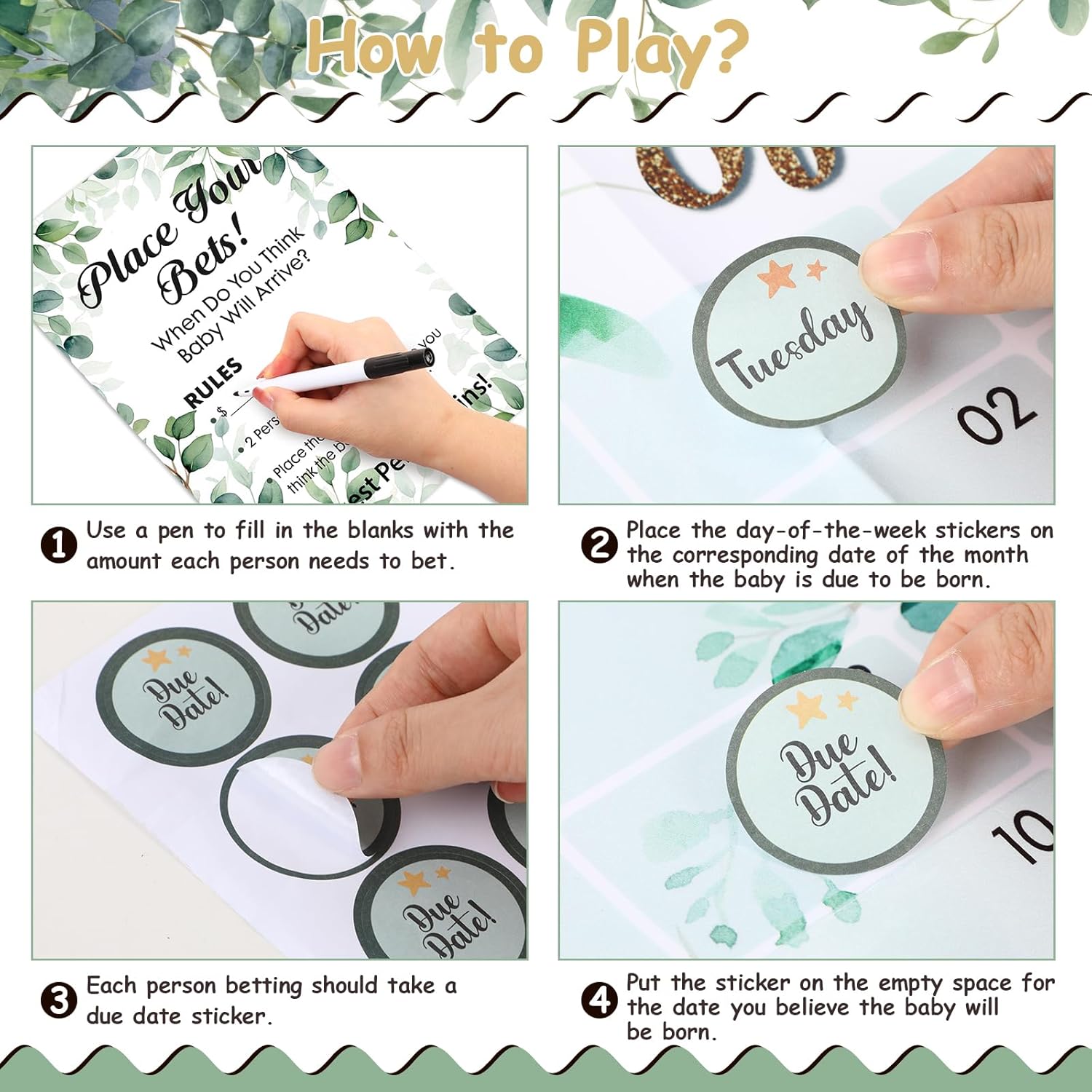 Greenery Baby Shower Due Date Calendar Baby Shower Game Include Guess The Arrival Date Of Baby Prediction Calendar Place Your Bets Prediction Game Baby Shower Due Date Poster Stickers