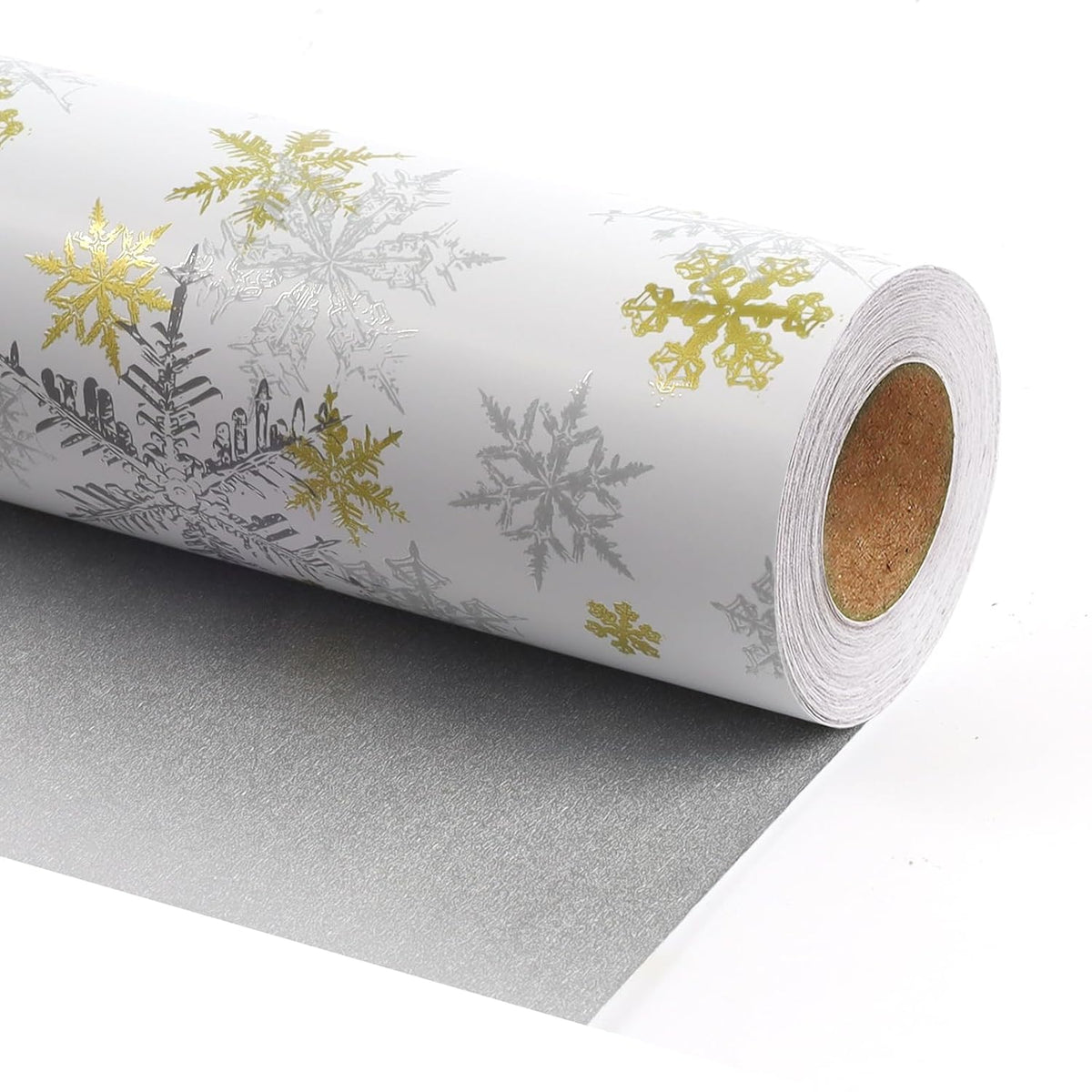 Gold & Silver Snowflake Christmas Wrapping Paper, Reversible Holiday Gift Wrap With Metallic Foil And Silver Back, Elegant Xmas Roll For Adults, Men, Women– 17 Inch X 33 Feet