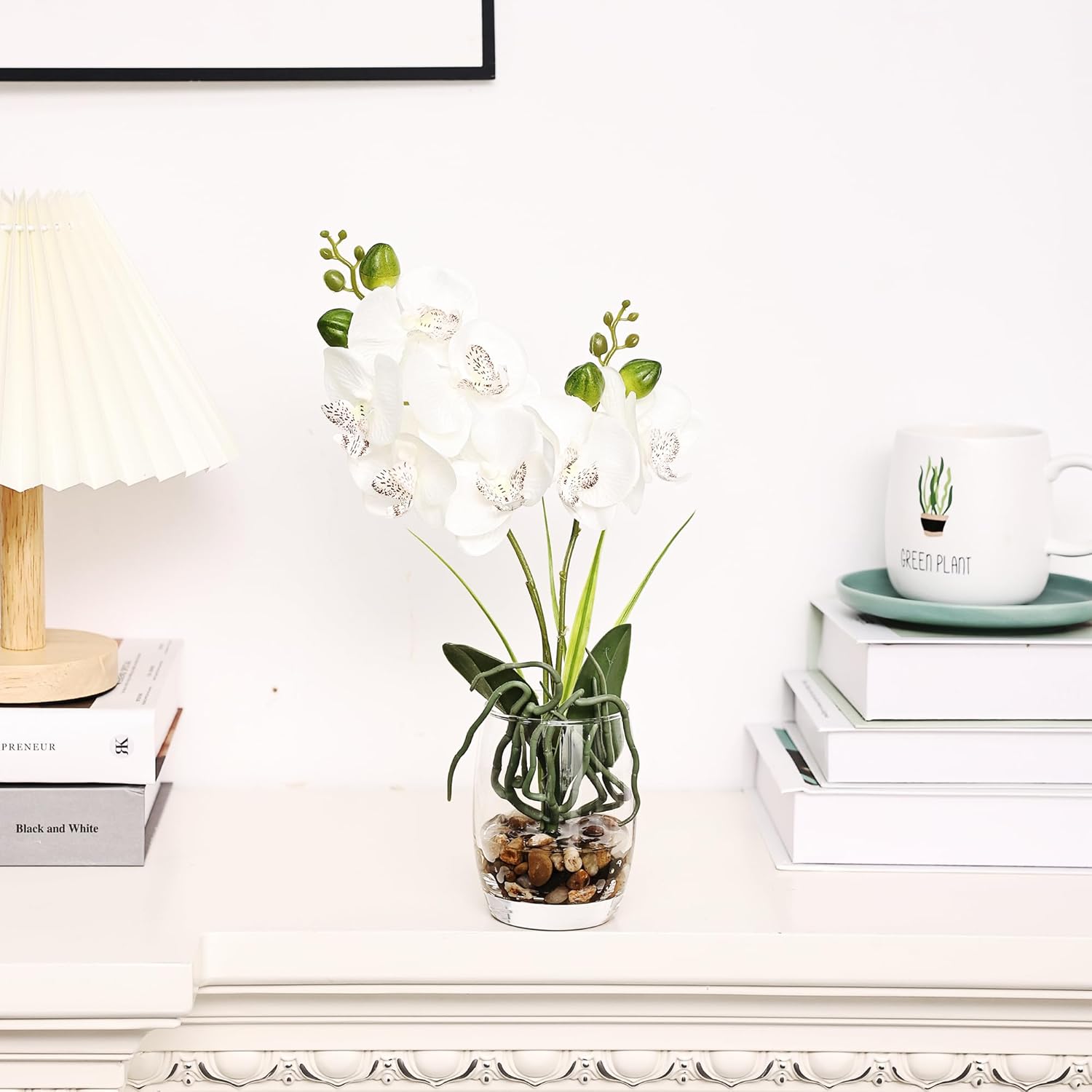 White Orchid Centerpiece In Glass Vase, 14.5 Inch Artificial Phalaenopsis With Potting For Home Office Decor, Table Centerpiece