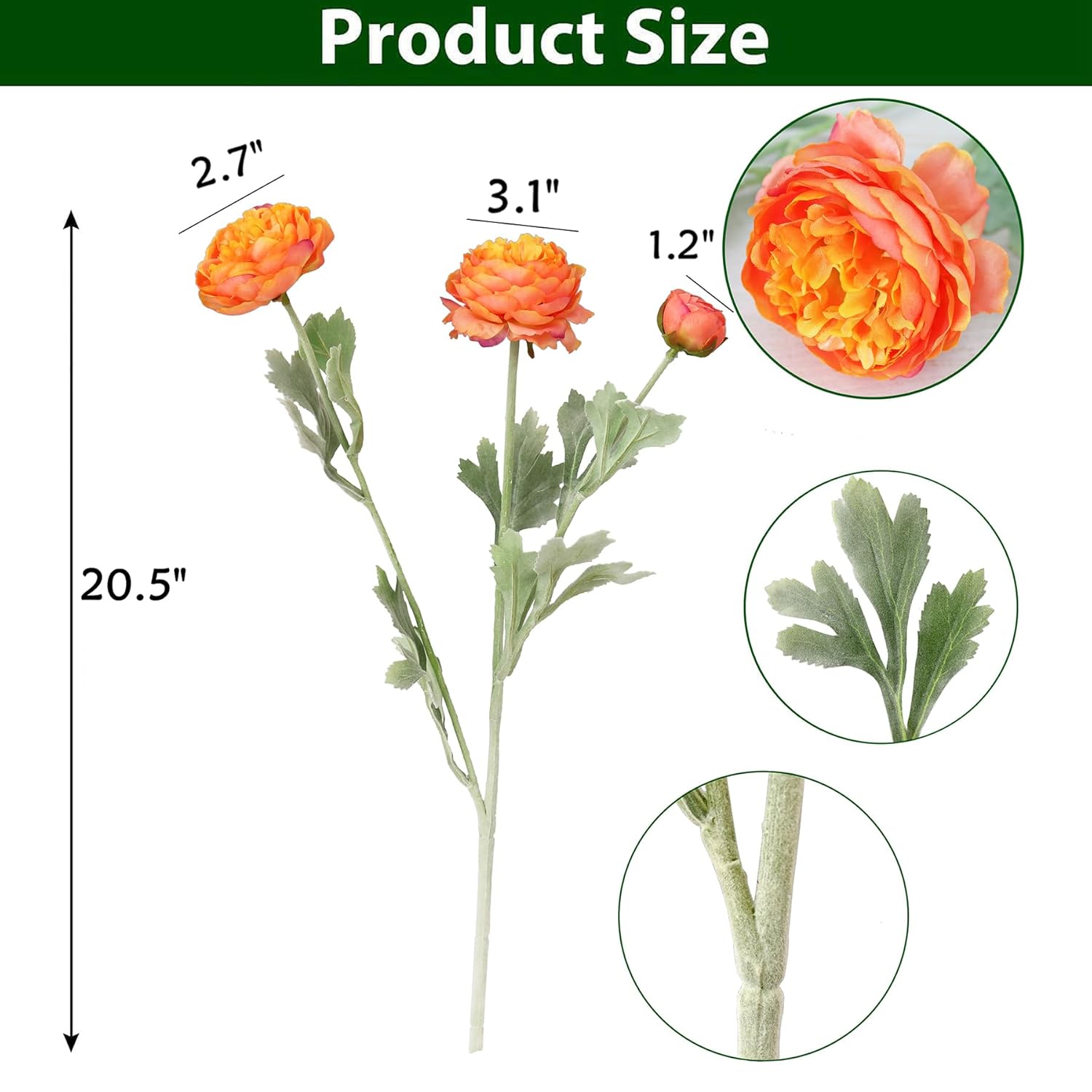 6Pcs Artificial Ranunculus Flowers With Real Touch Stem Silk Ranunculus Flowers For Household Arrangement (Light Orange)