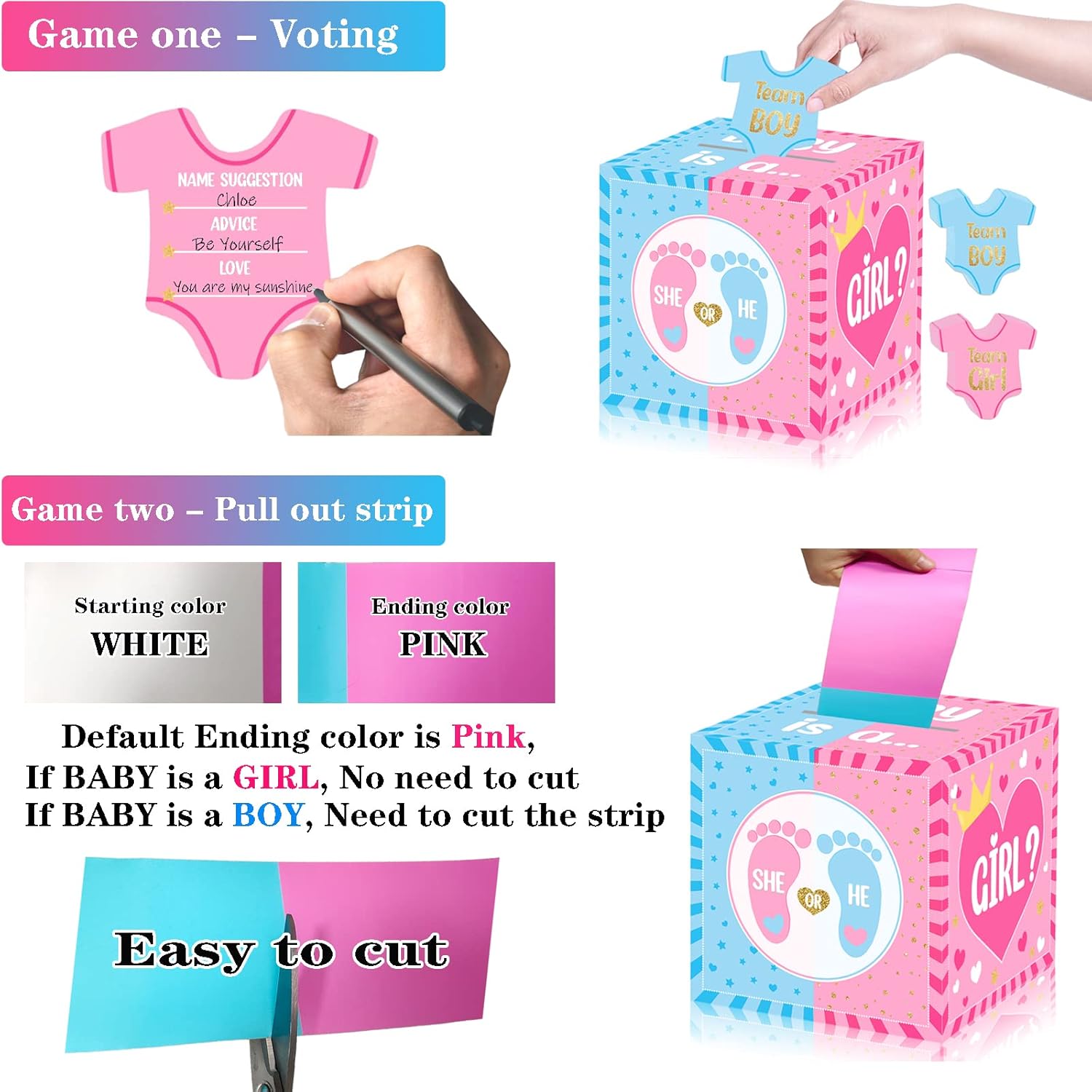 Baby Gender Reveal Pull Out Game , Voting Box With 60 Ballot Cards, Boy Or Girl, Party Supplies,Pink And Blue