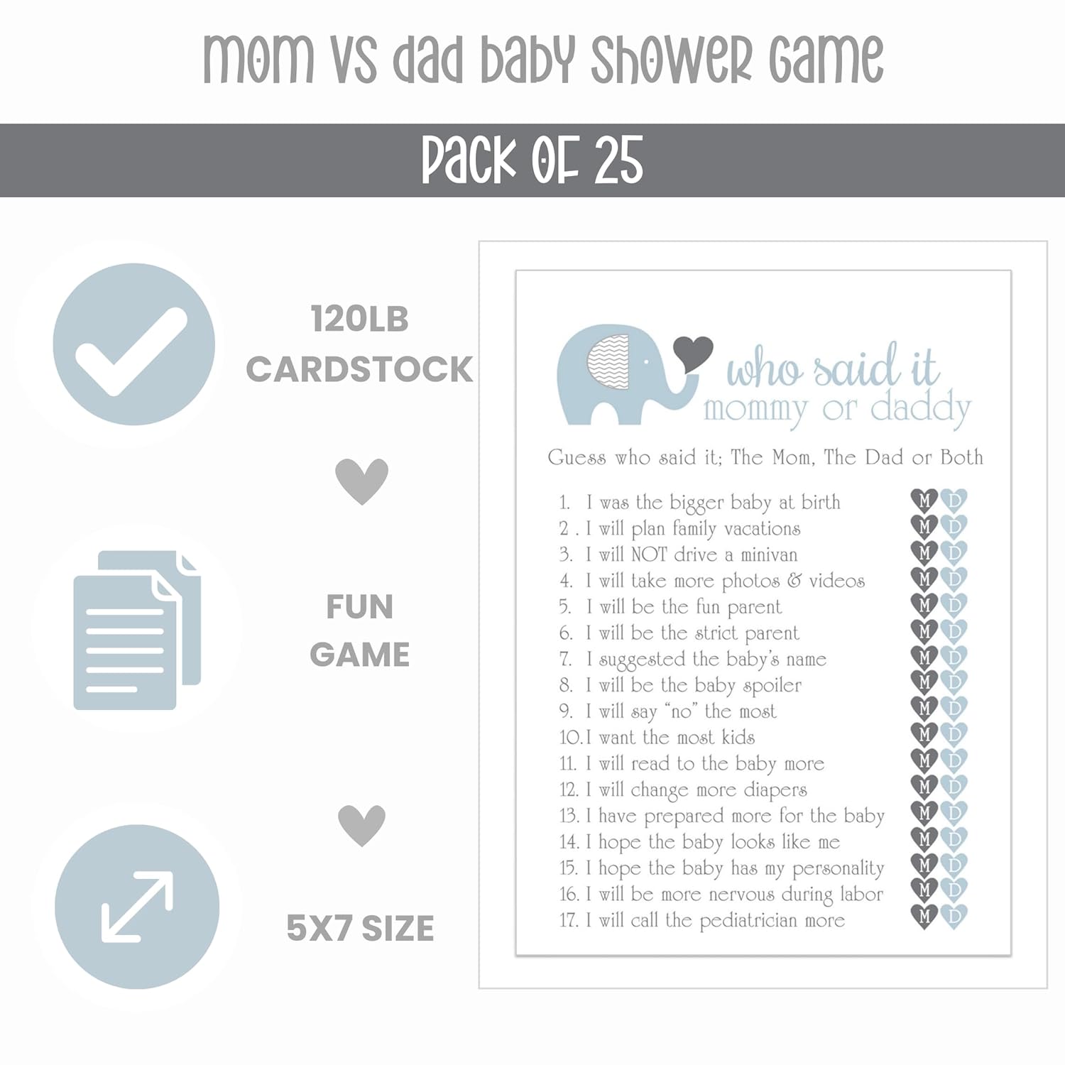 Elephant Baby Shower Game For Boys - 25 Guess Who Mommy Or Daddy Game Cards - Fun Guessing Activities For Guests - Royal Prince Blue Jungle Theme