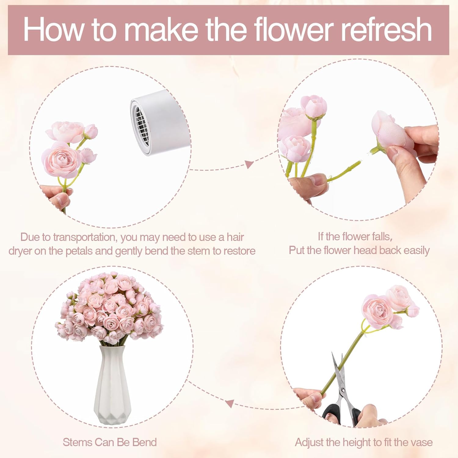 48 Pcs Ranunculus Artificial Flower,Real Touch Peonies Artificial Flower Silk Faux Diy Bouquet For Wedding Bridal Shower Valentine Centerpieces Arrangements Home Decorations (Pink)
