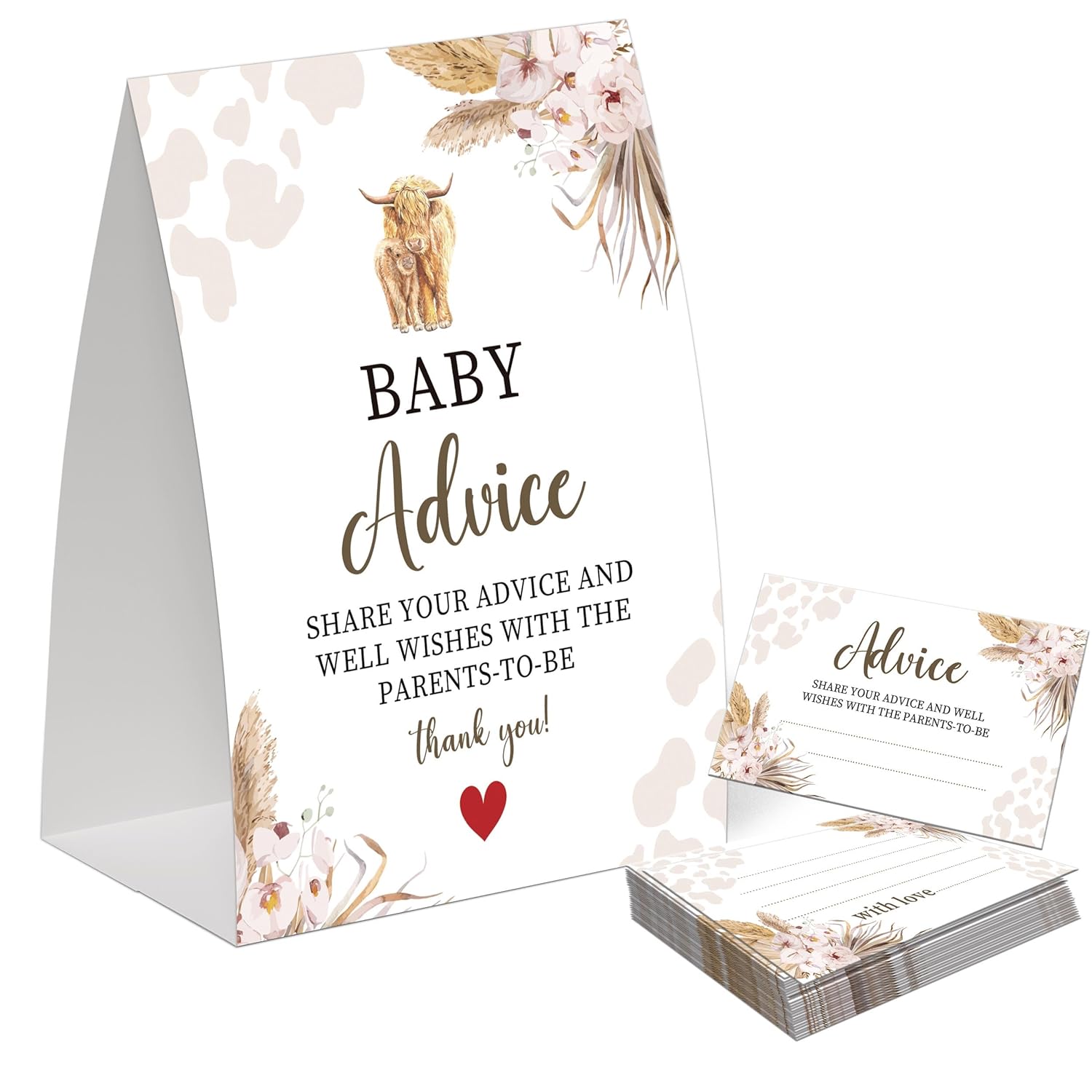 Boho Cow Advice For The Parents-To-Be, Pack Of One 5X7 Sign And 50 Advice Cards, Cow Baby Shower Decoration, Gender Neutral Party Supplies - Ac05