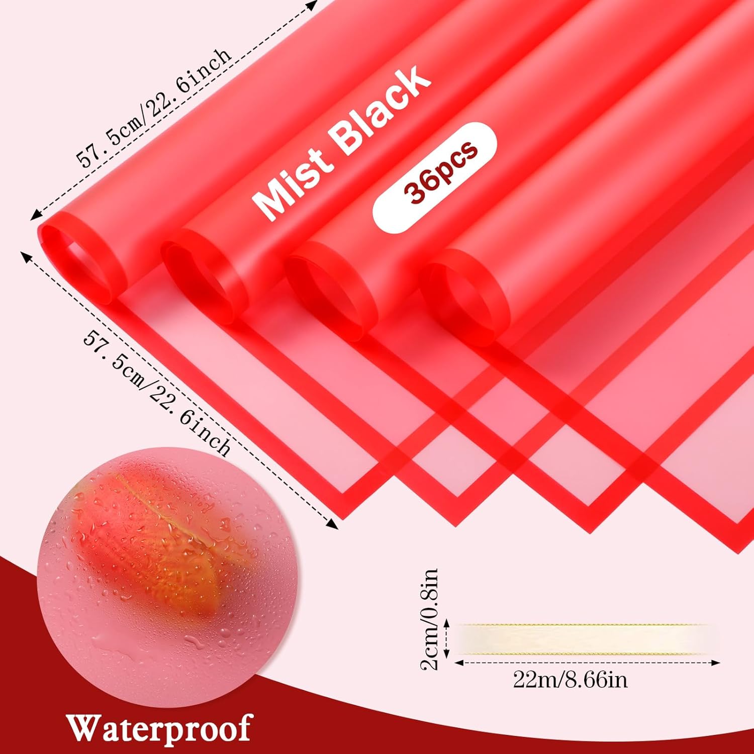36 Pieces Valentine'S Day Waterproof Flower Wrapping Paper Frosted Bouquet Wrapping Paper And 50 Yards Double Face Satin Ribbon For Romantic Bouquet Supplies(Red)