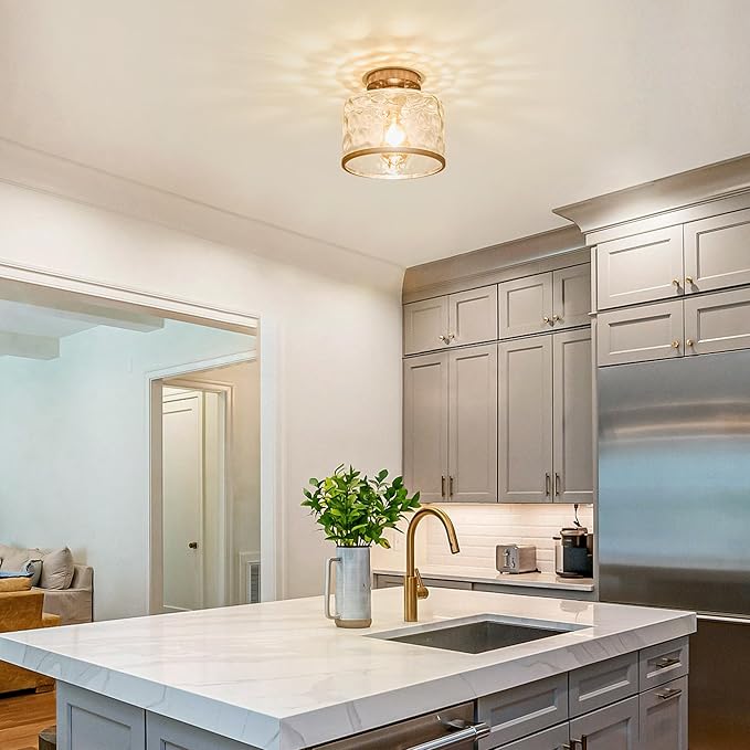 Satin Nickel Semi Flush Ceiling Light with Hammered Glass Farmhouse Fixture