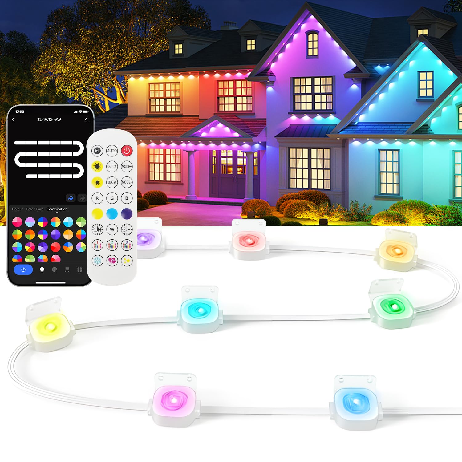 100Ft Smart Rgb Outdoor Lights With 60 Led, 8000 Hour Long Life, Waterproof, Permanent Christmas Lights For Daily Decora