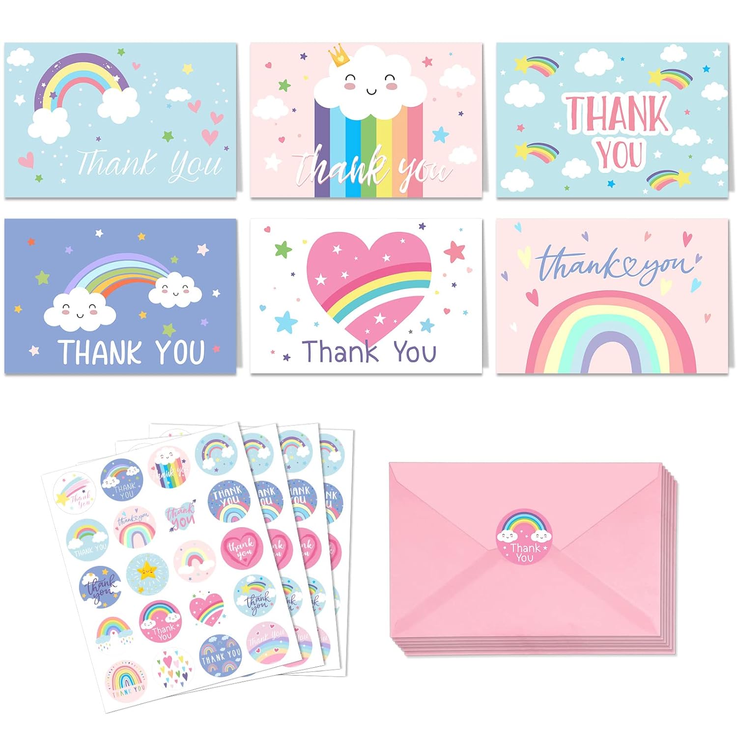 24 Pcs Rainbow Thank You Cards With Envelopes And Stickers Thank You Notes For Birthday Shower Party Favors Wedding Supplies